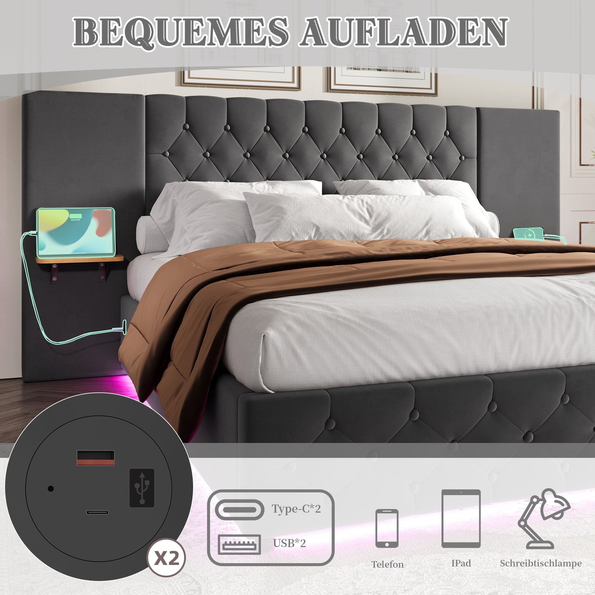 Bed Frame, 140x200cm, Wide Headboard, LED, USB, Hydraulic Lift Storage