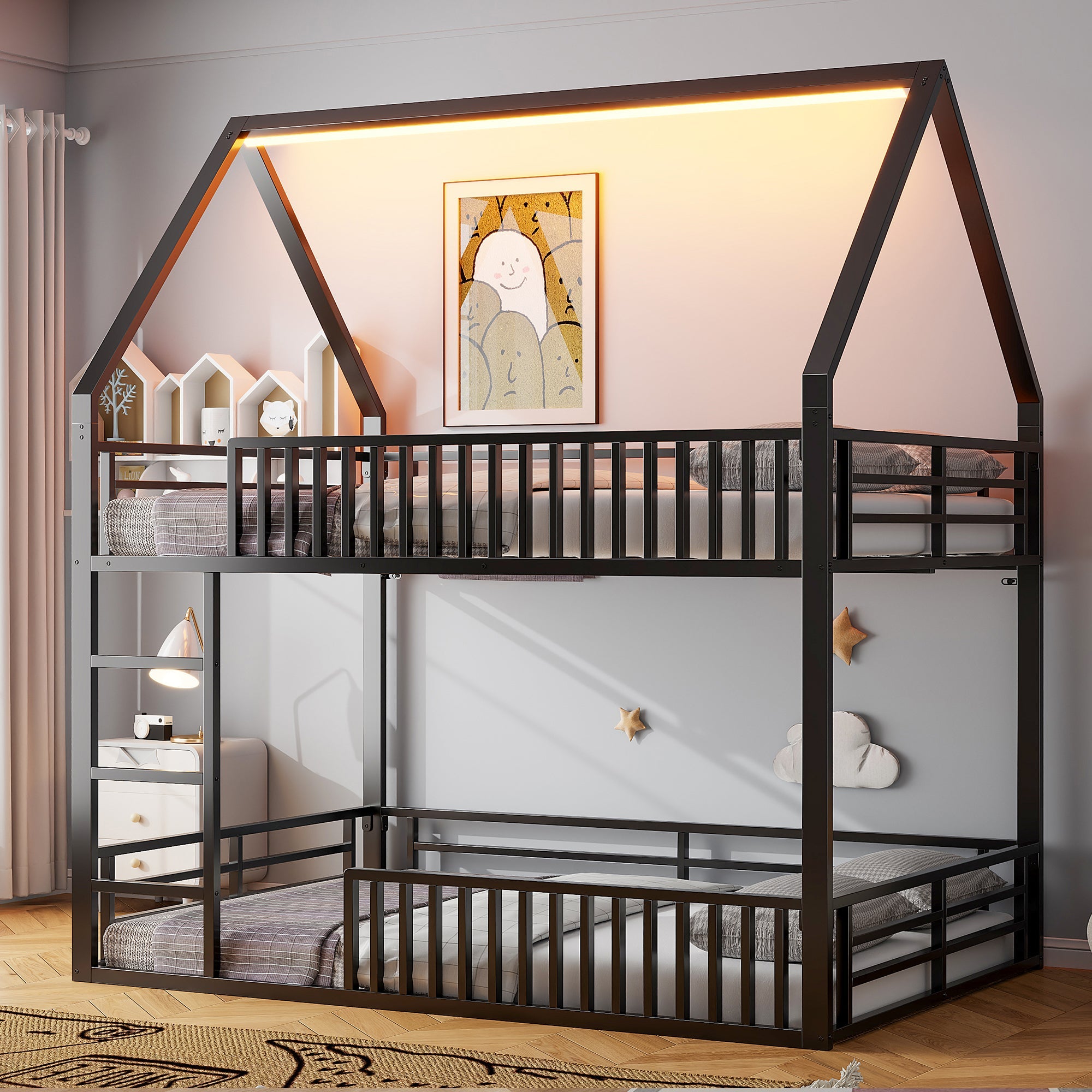 Bunk Bed 140x200 House Design Fence LED Light - Black