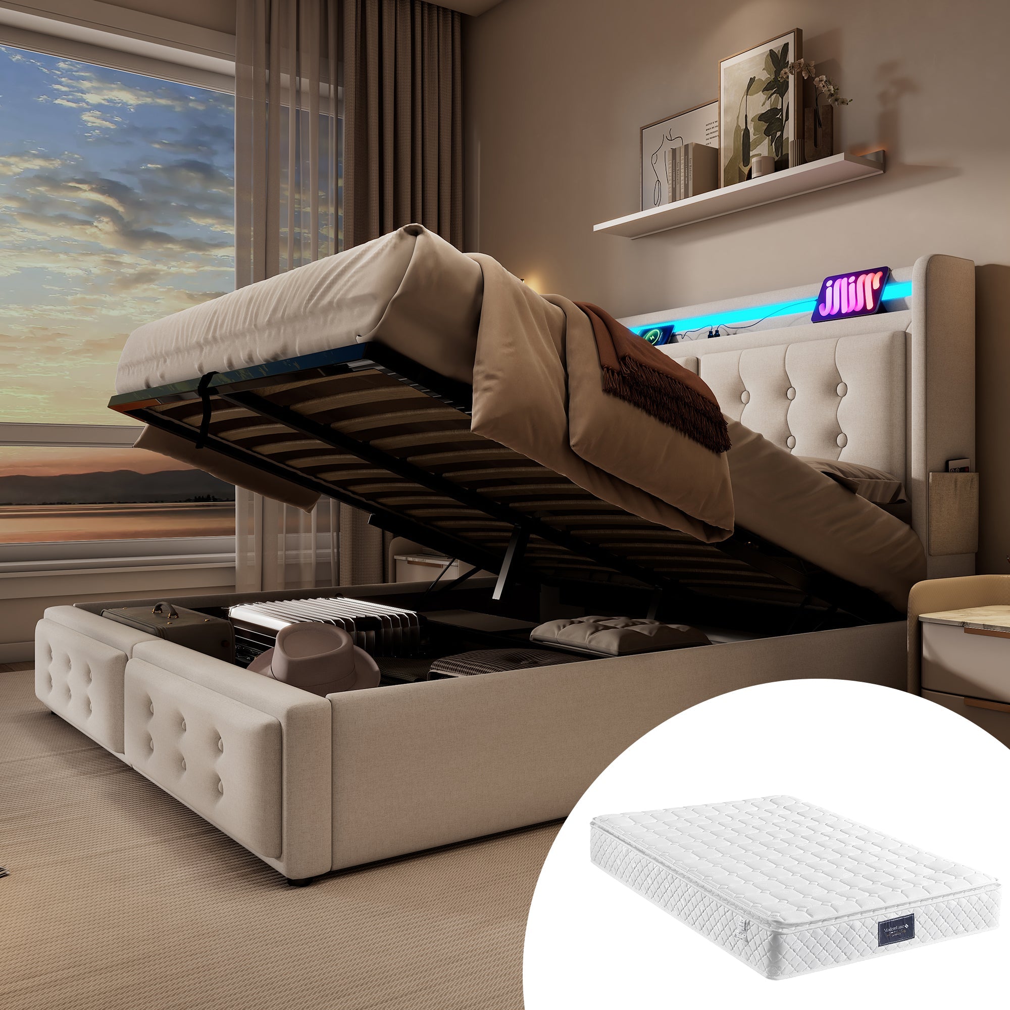Upholstered Bed 160x200, Double with LED Headboard & USB C, Hydraulic, Beige Cotton