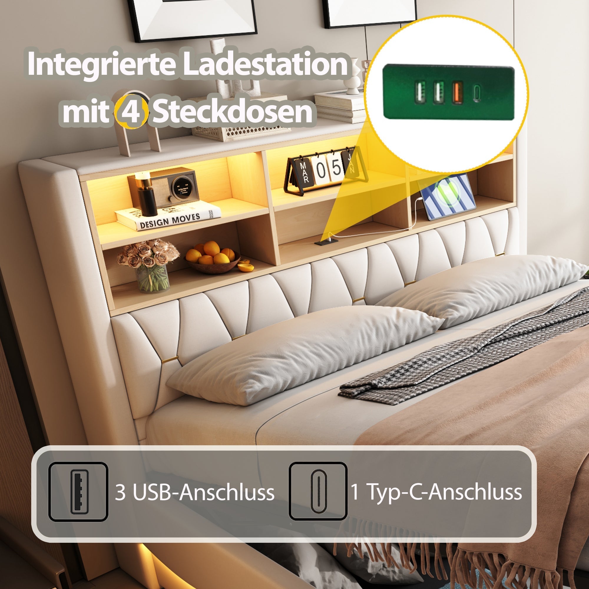 Upholstered Bed 180x200 Hydraulic Storage LED/USB Linen Beige
