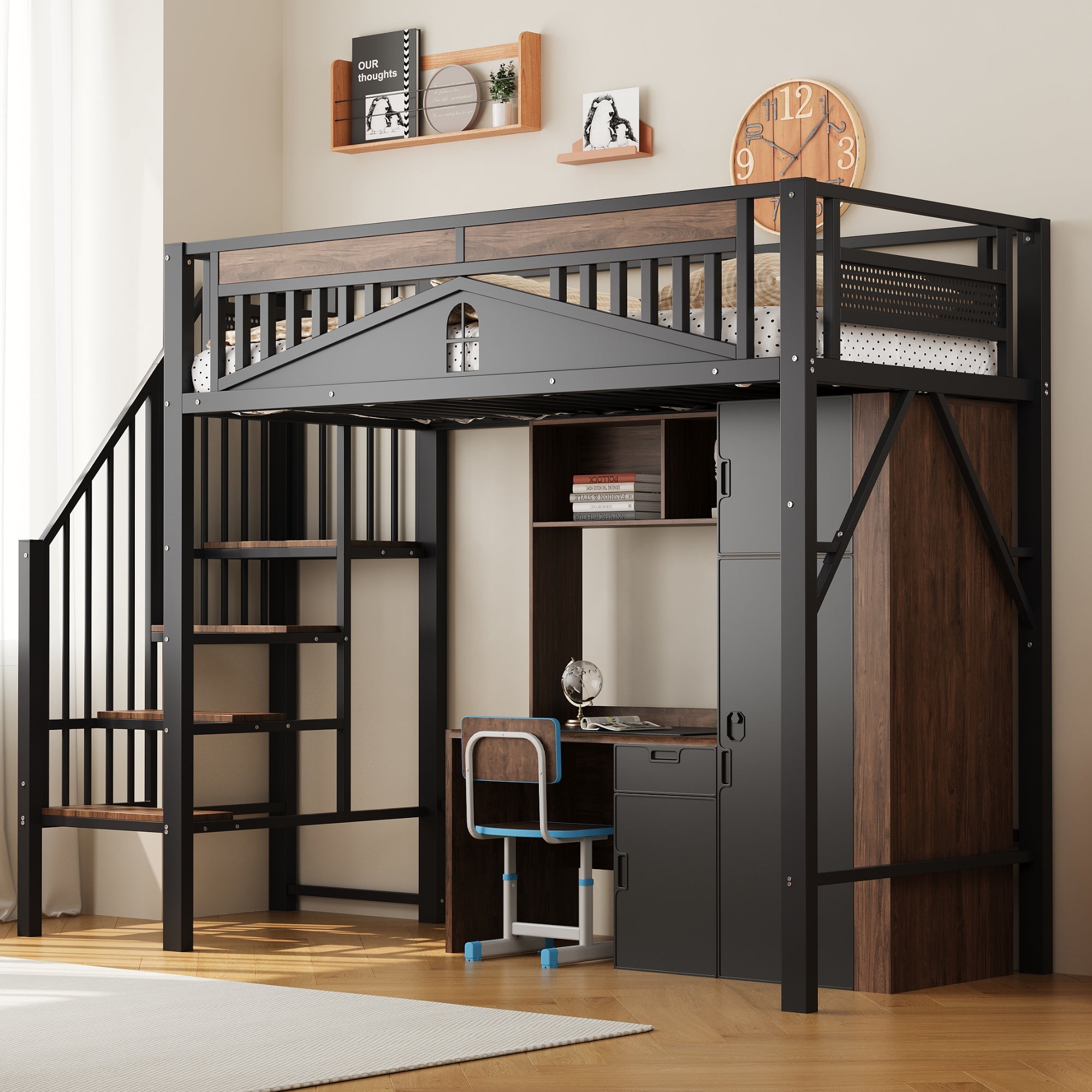 Metal Loft Bed 90x200cm Safety Railing Ladder Under-Bed Space, Black