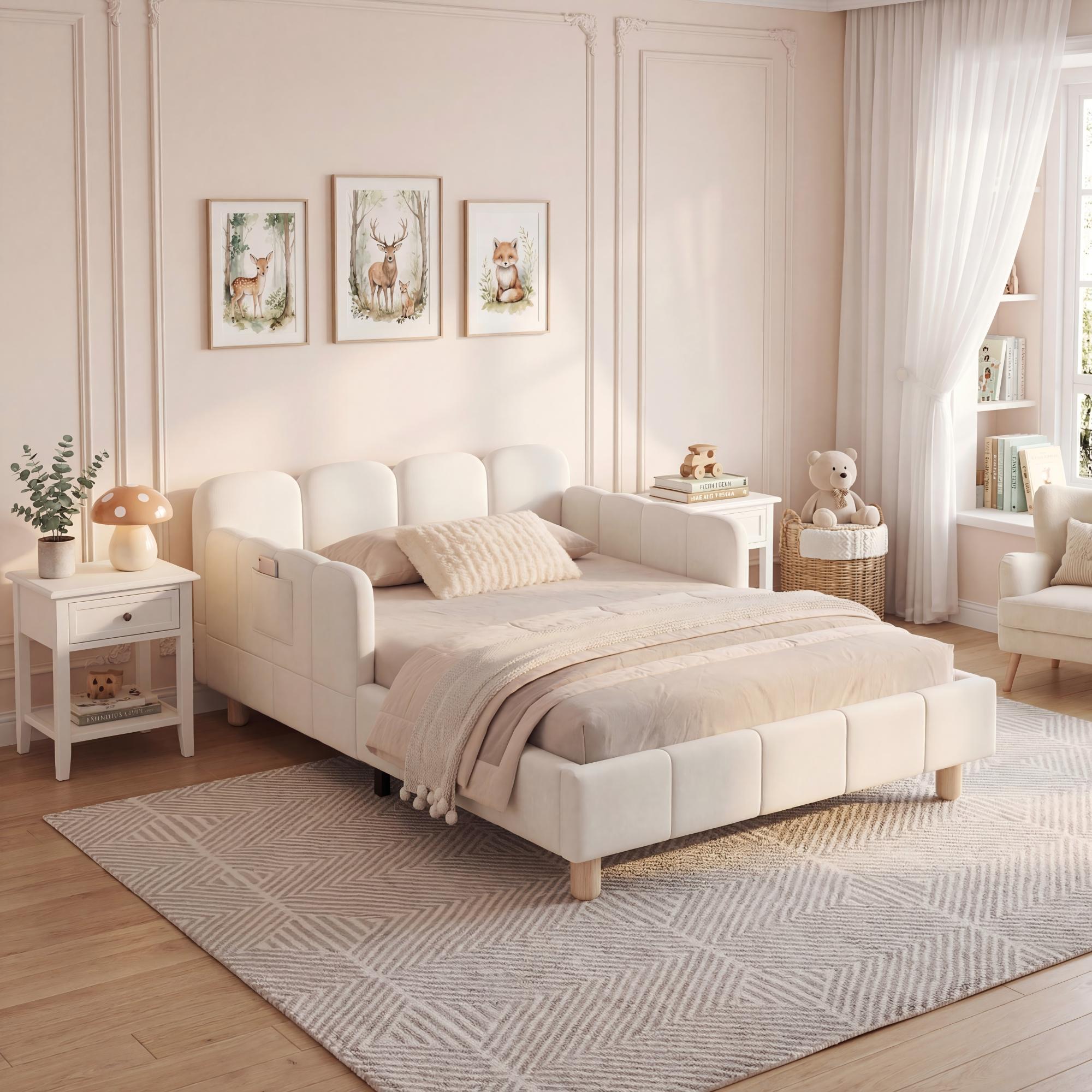Upholstered Children's Single Bed with Headboard and Safety Rail, 90x200cm, Beige Velvet