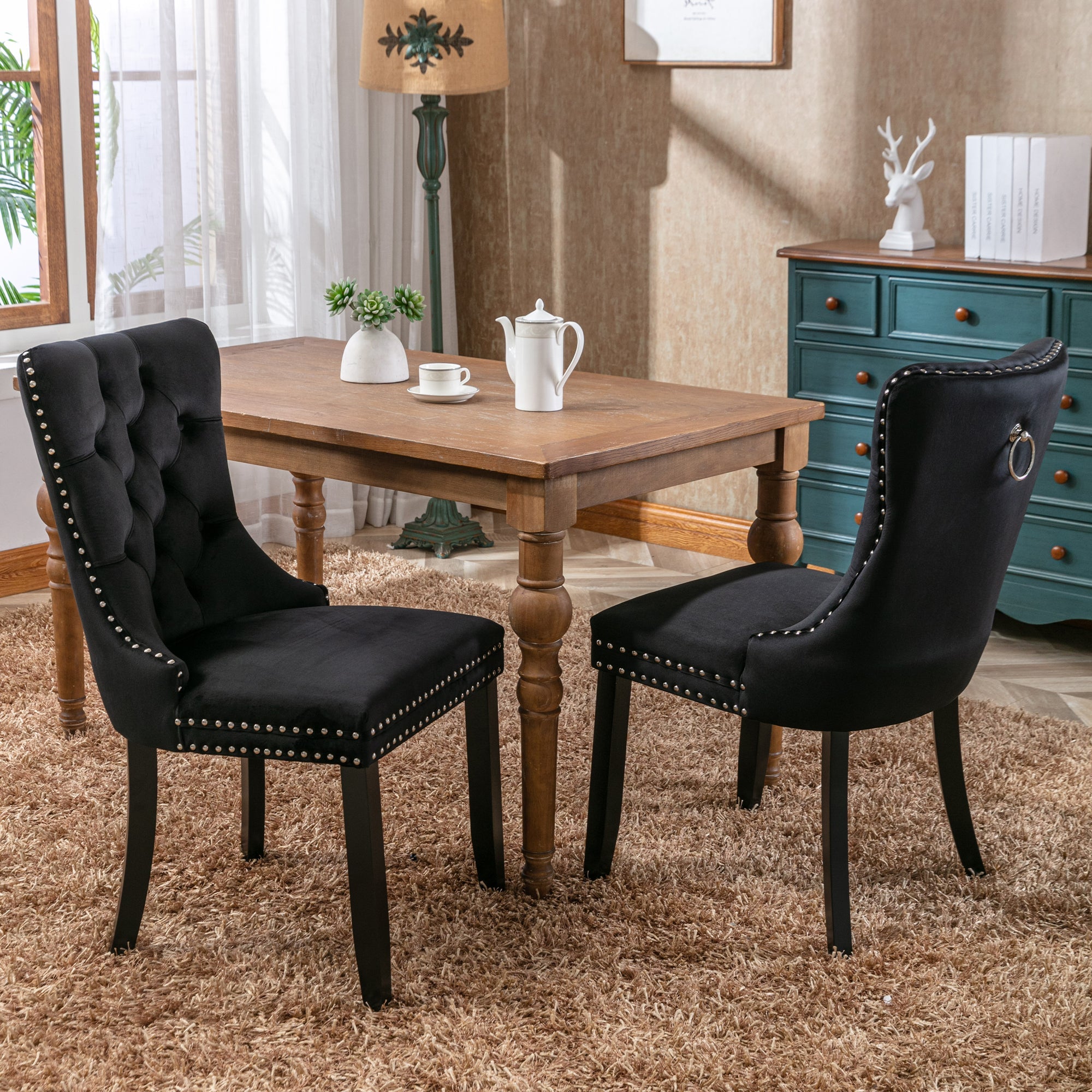 Modern Set of 2 Upholstered Velvet Dining Chairs, Button Tufted with Solid Wood Legs, Black