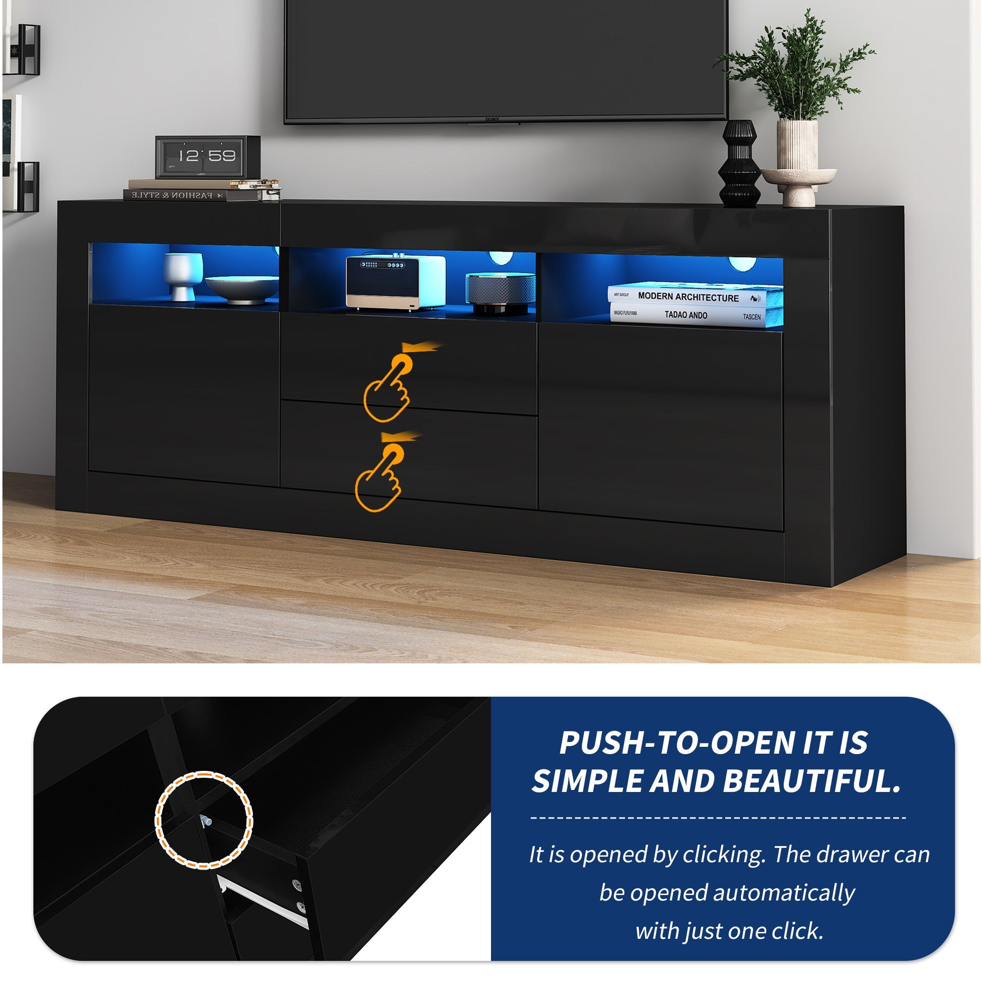 TV Cabinet, 160x35x60cm LED Lighting, 3 Open, 2 Door, 2 Drawer, Smart App Control, for 70-inch TVs, High Gloss