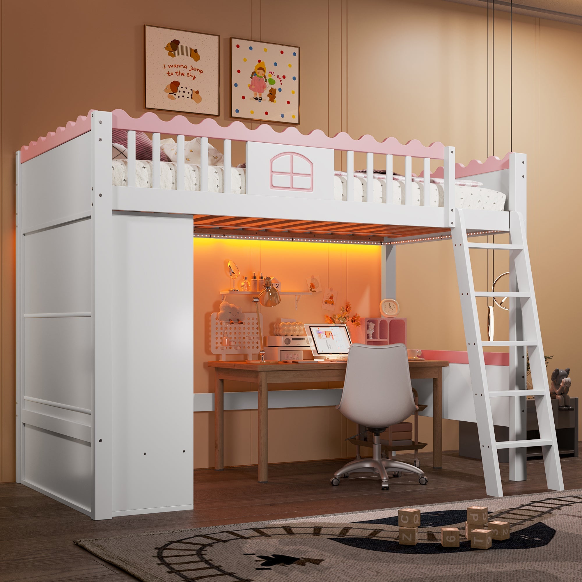 Loft Bed 90x200cm Single Storage Wardrobe LED - White Pine Wood