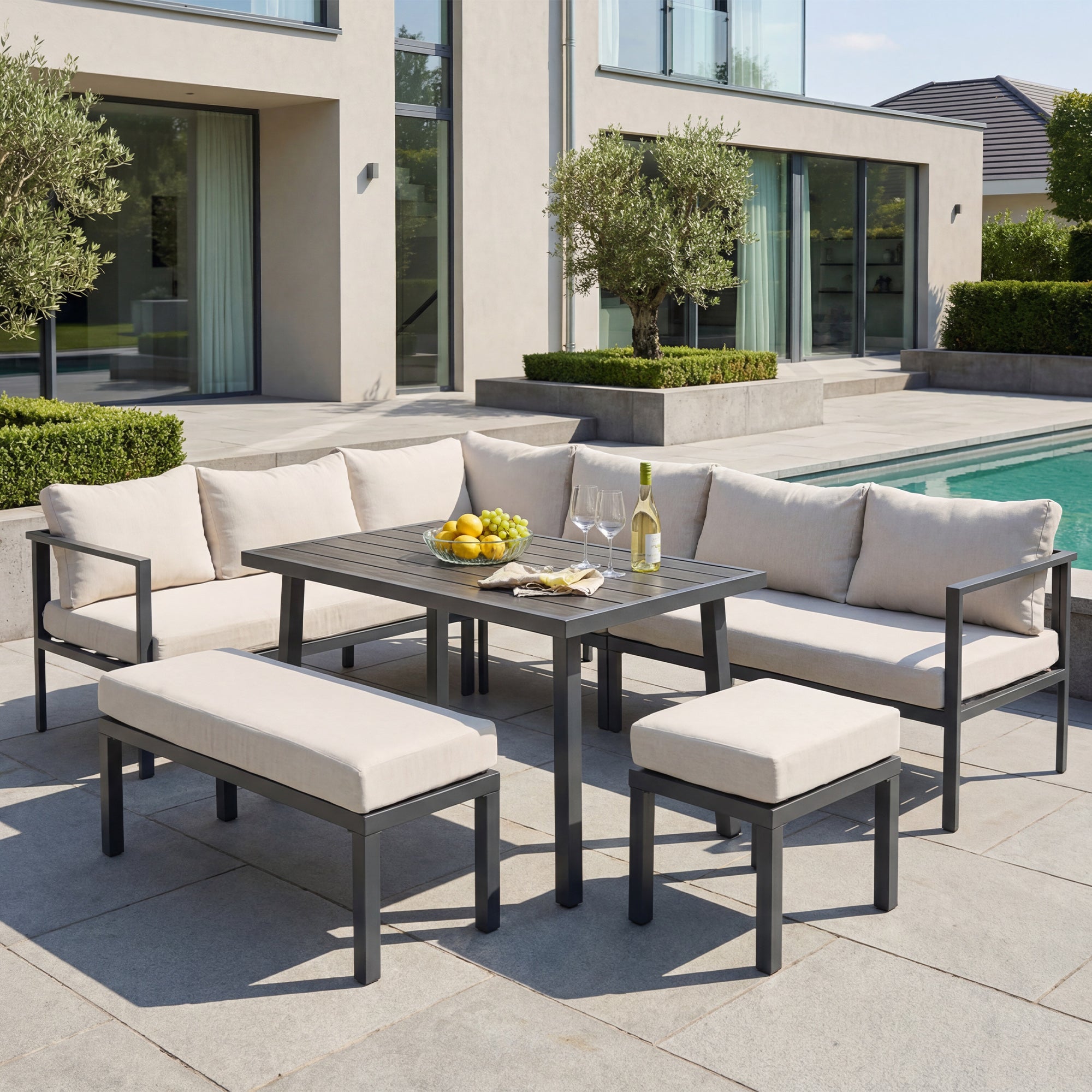 Garden Dining Set, 9-Person Corner Configuration with Table, Benches, Chairs and Sofas, Beige Plastic-Wood Tabletop