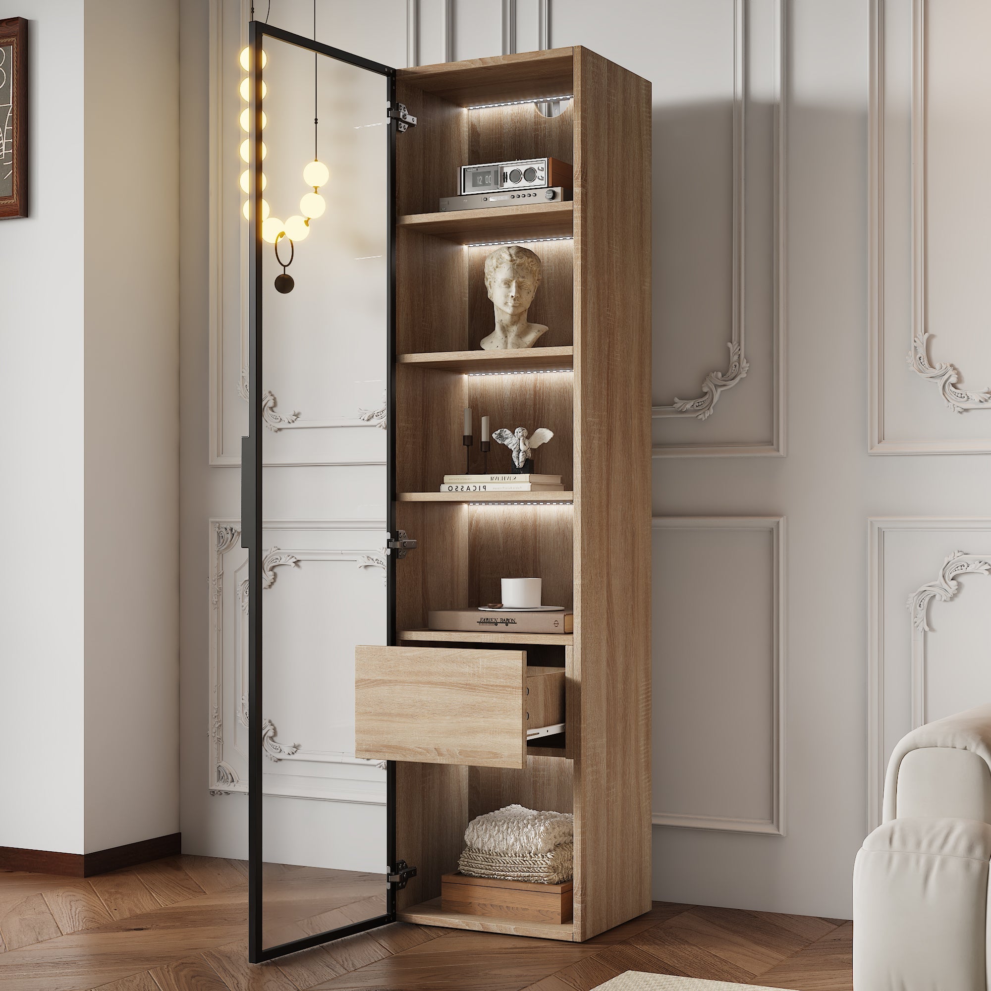 Bathroom Cabinet, Medium 40cm Light Strip 1 Drawer 1 Glass Door