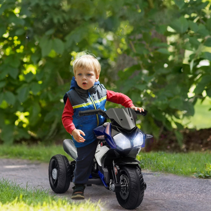 Electric Children's Motorcycle with Lights and Sounds, Rechargeable, Blue and White