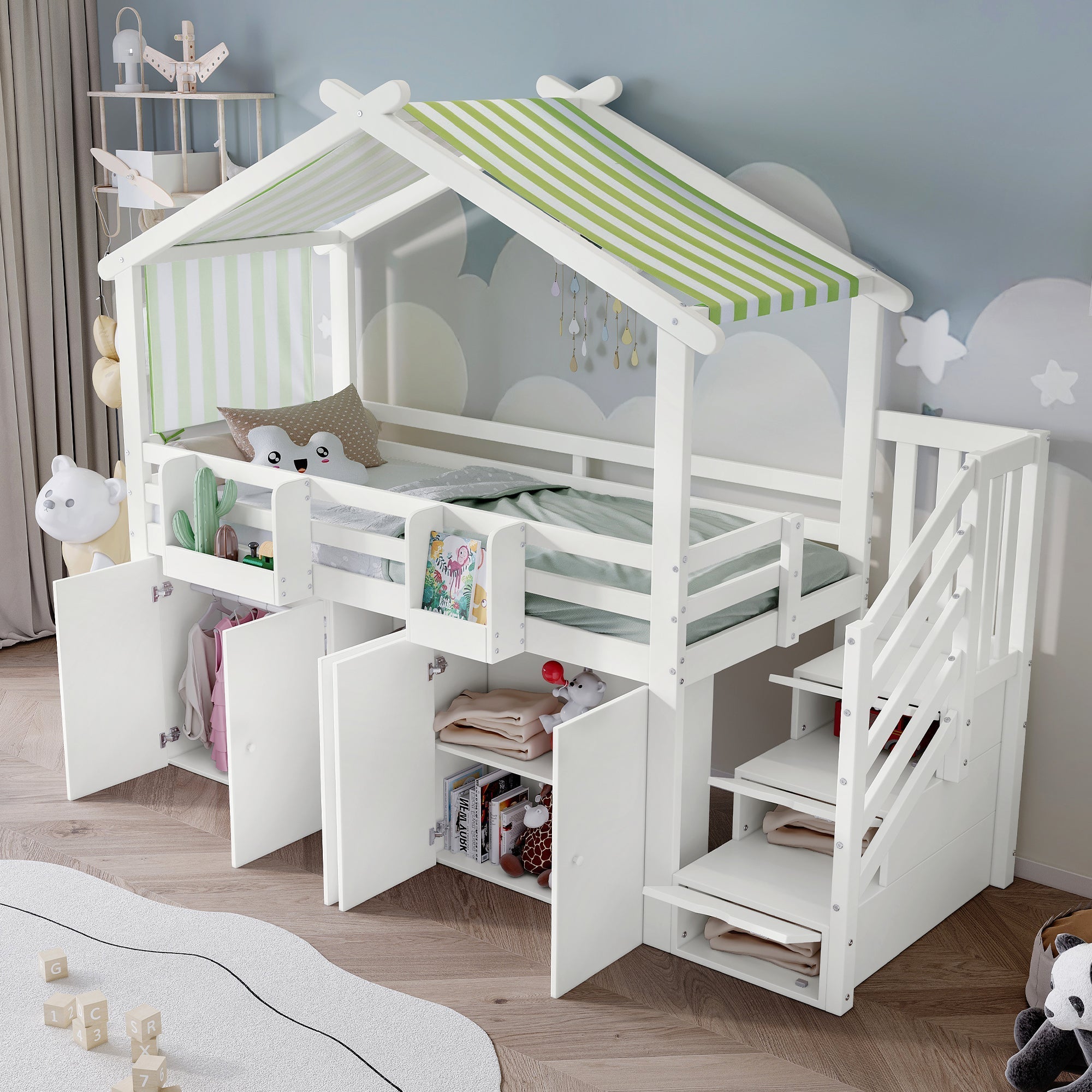 Bunk Bed, Safety Gate, Wardrobe, Lockers, Stairs, 90x200cm, White & Green Pine+MDF+Plywood