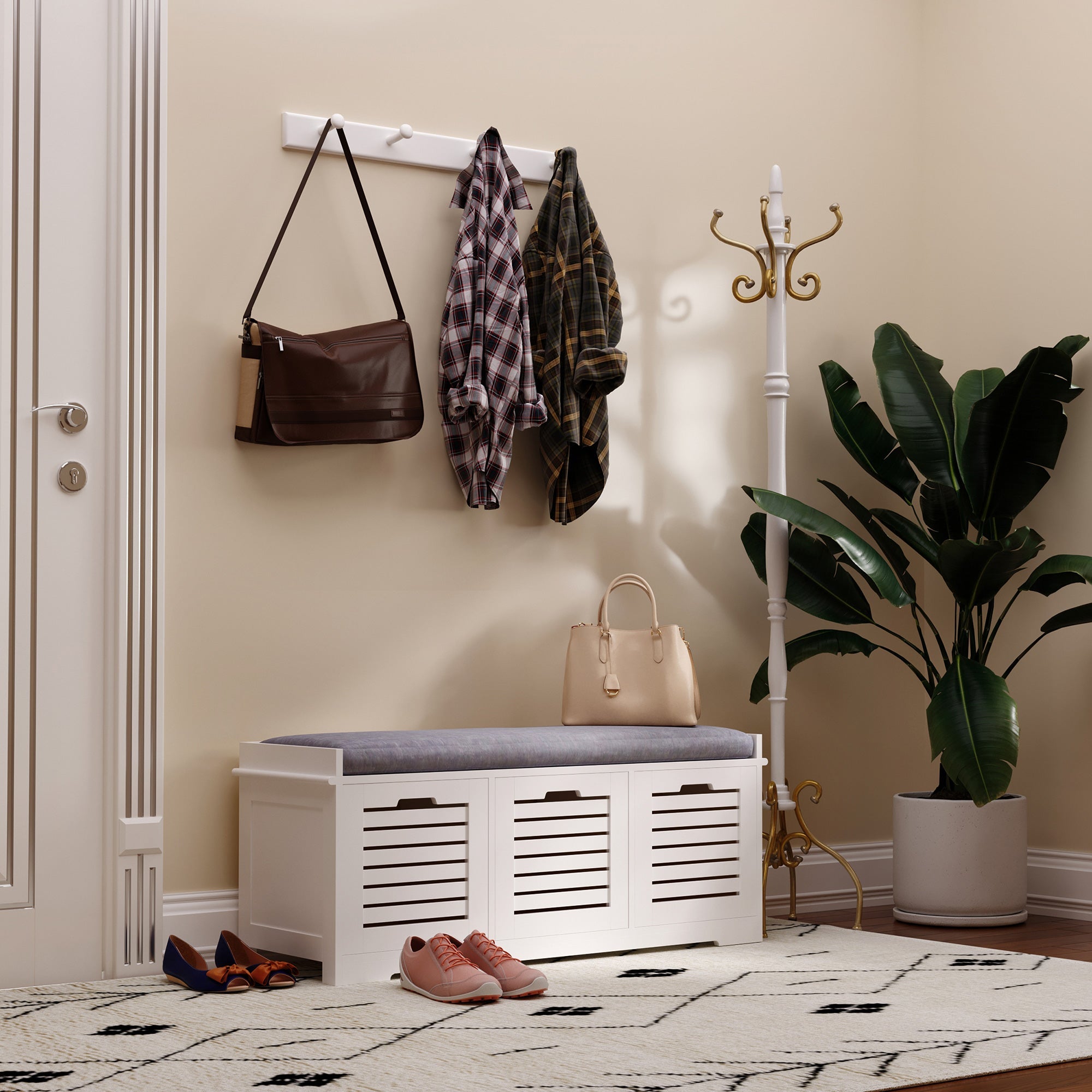 Shoe Storage Bench with 3 Drawers & Removable Seat Cushion, Grey