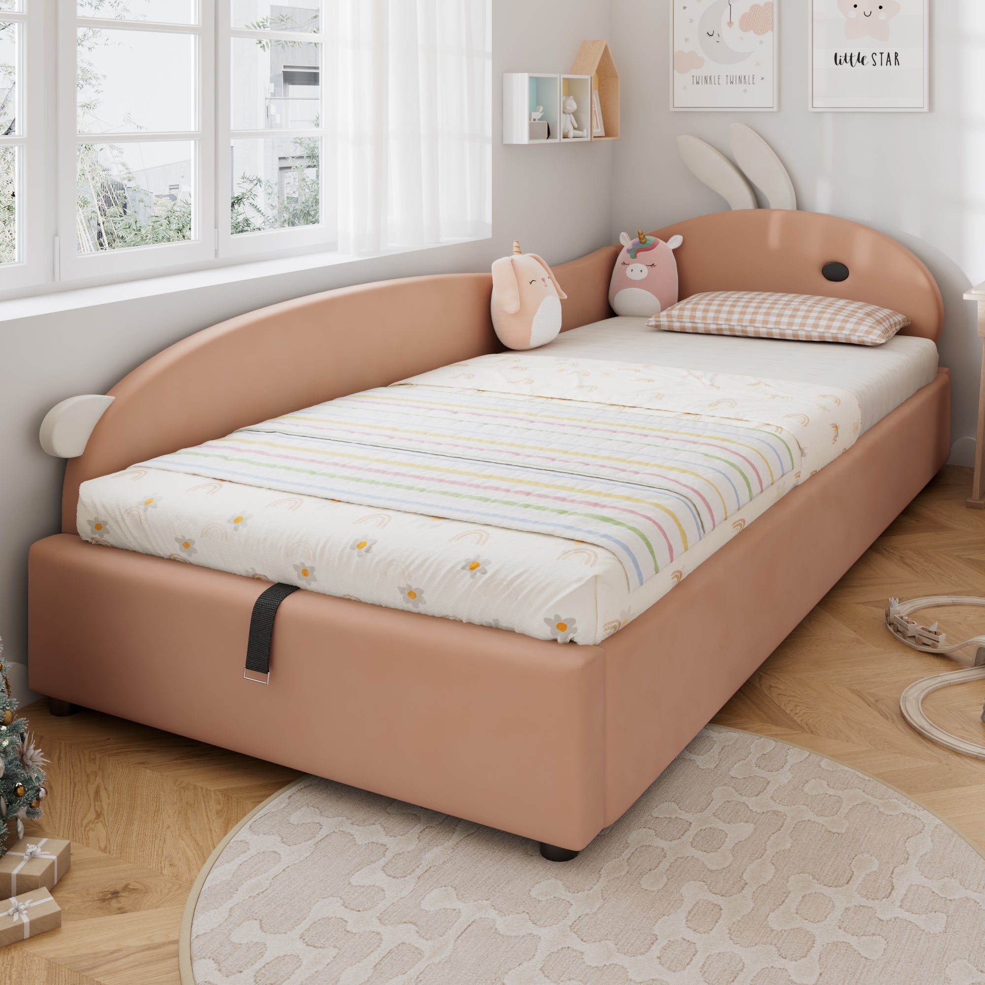 Upholstered Bed, Single Children's Hydraulic with Bunny Headboard, Velvet Pink+White