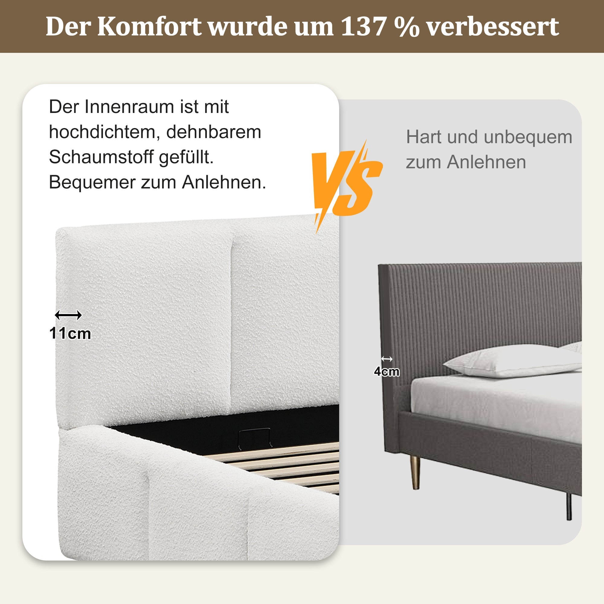 Upholstered Double Bed with Hydraulic Storage and Slatted Frame, 180x200cm, Beige Bouclé
