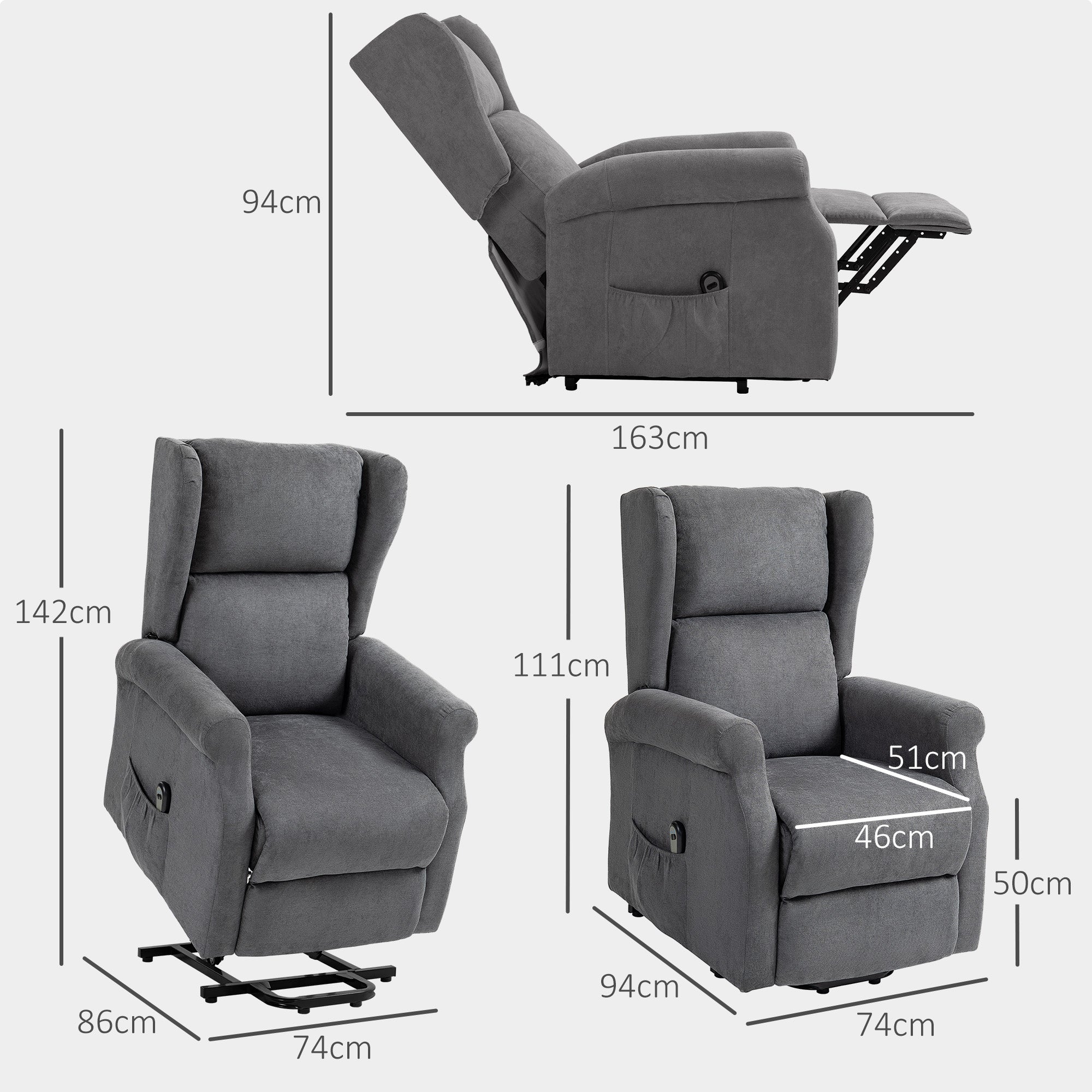 Electric Recliner, Lift Function Side Pocket Remote Control, Linen-Look Upholstery