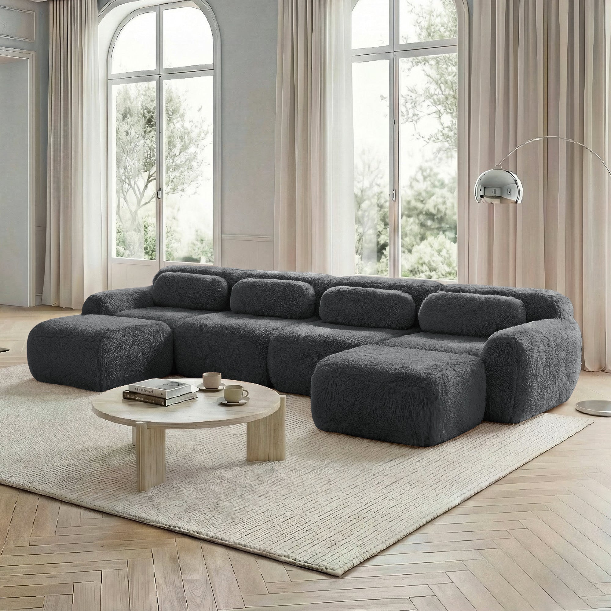 U-Shaped Modular Sofa, No Assembly, Freely Combinable Plush Fabric, Grey