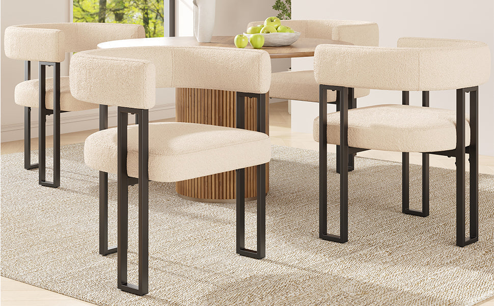Ergonomic Dining Chair with Curved Backrest and Lambskin Fabric, Set of 4, Beige/Brown