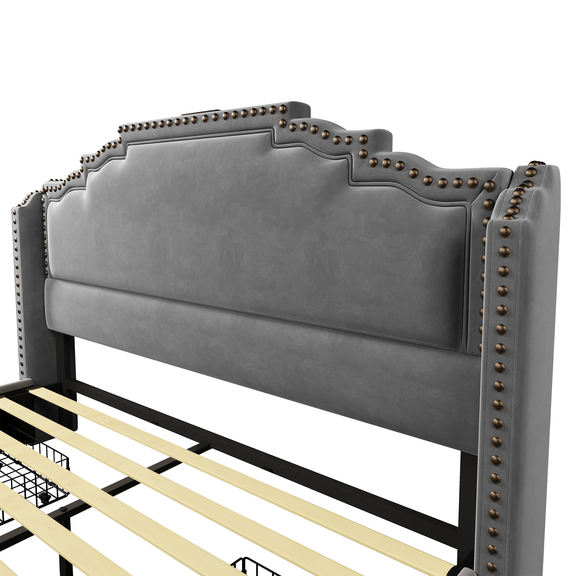 Upholstered Bed 140x200, Double with 4 Drawers, LED & USB-C, Velvet Grey