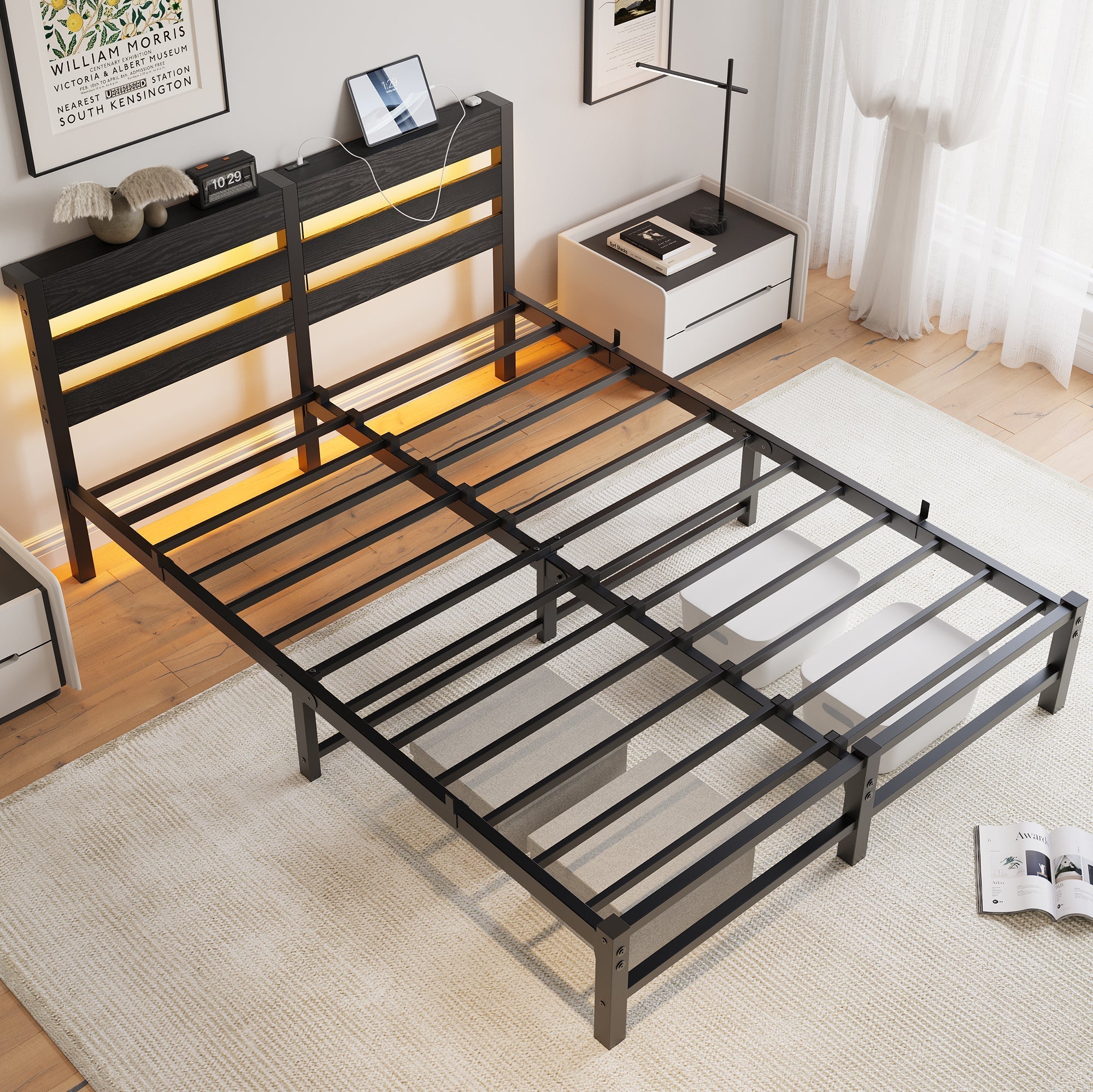 Metal Bed Frame 140x190cm LED USB Charging Storage - Metal
