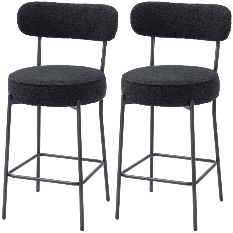 Set of 2 Bar Stools Upholstered Seat Footrest Fleece Cover - Black