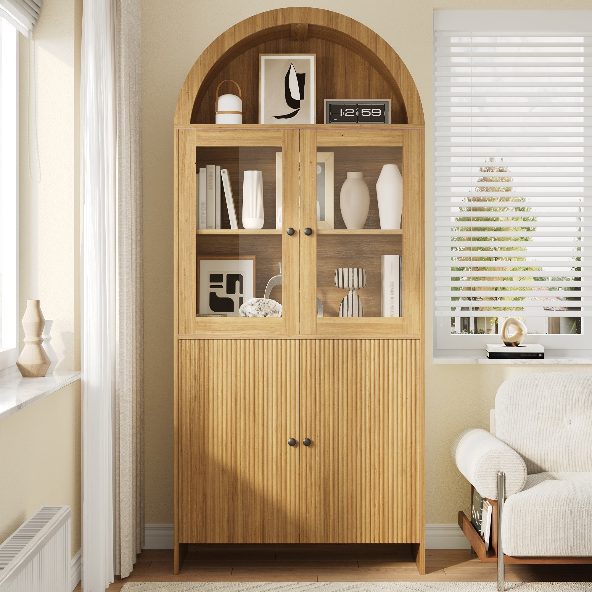 Sideboard with Arched Top, Glass Doors and Wave Pattern Storage Cabinet, Wood