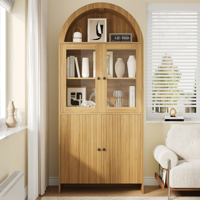 Sideboard with Arched Top, Glass Doors and Wave Pattern Storage Cabinet, Wood