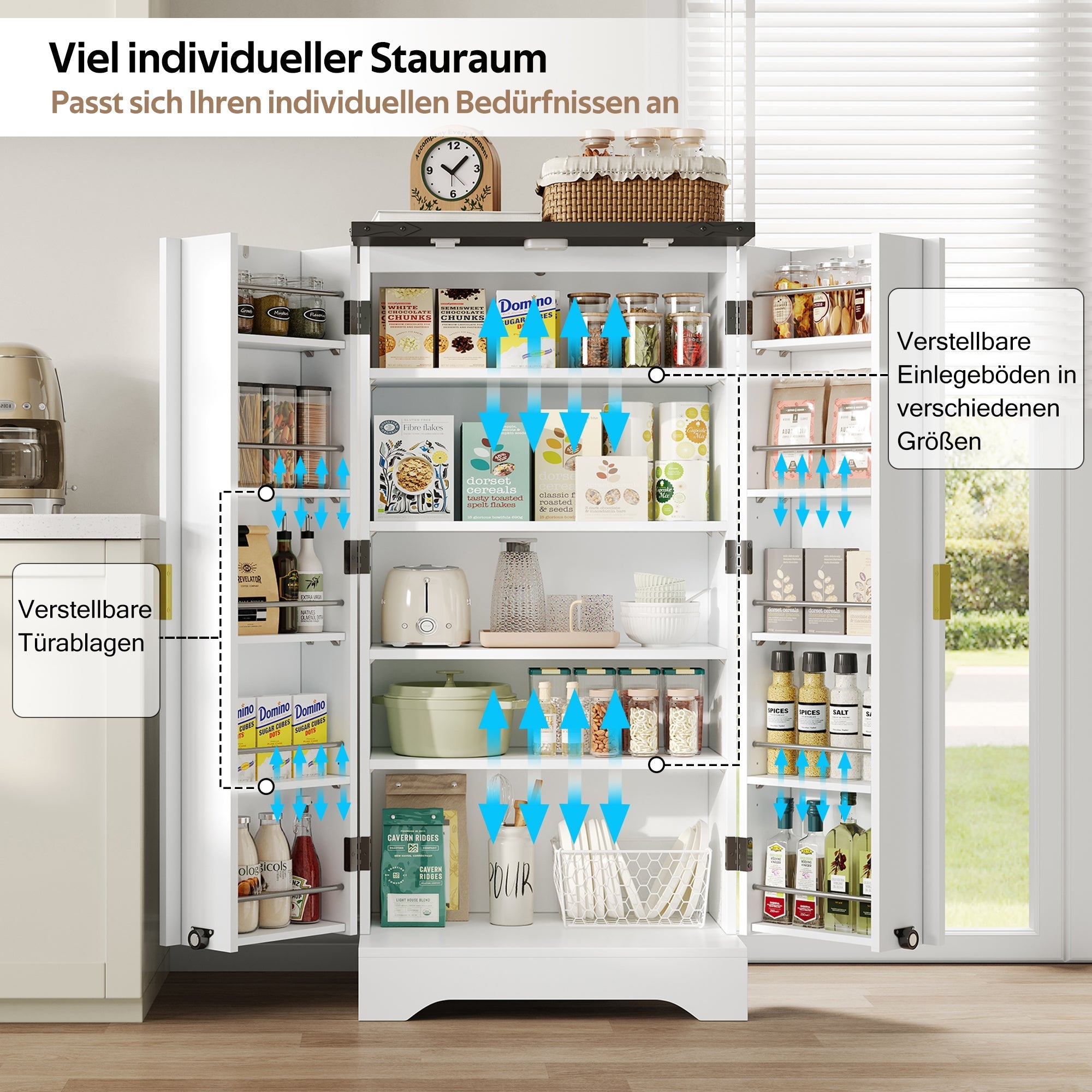 Küchenschrank mit LED-Beleuchtung, Gewürzregal, verstellbaren Einlegeböden, Doppeltüren - Weiß