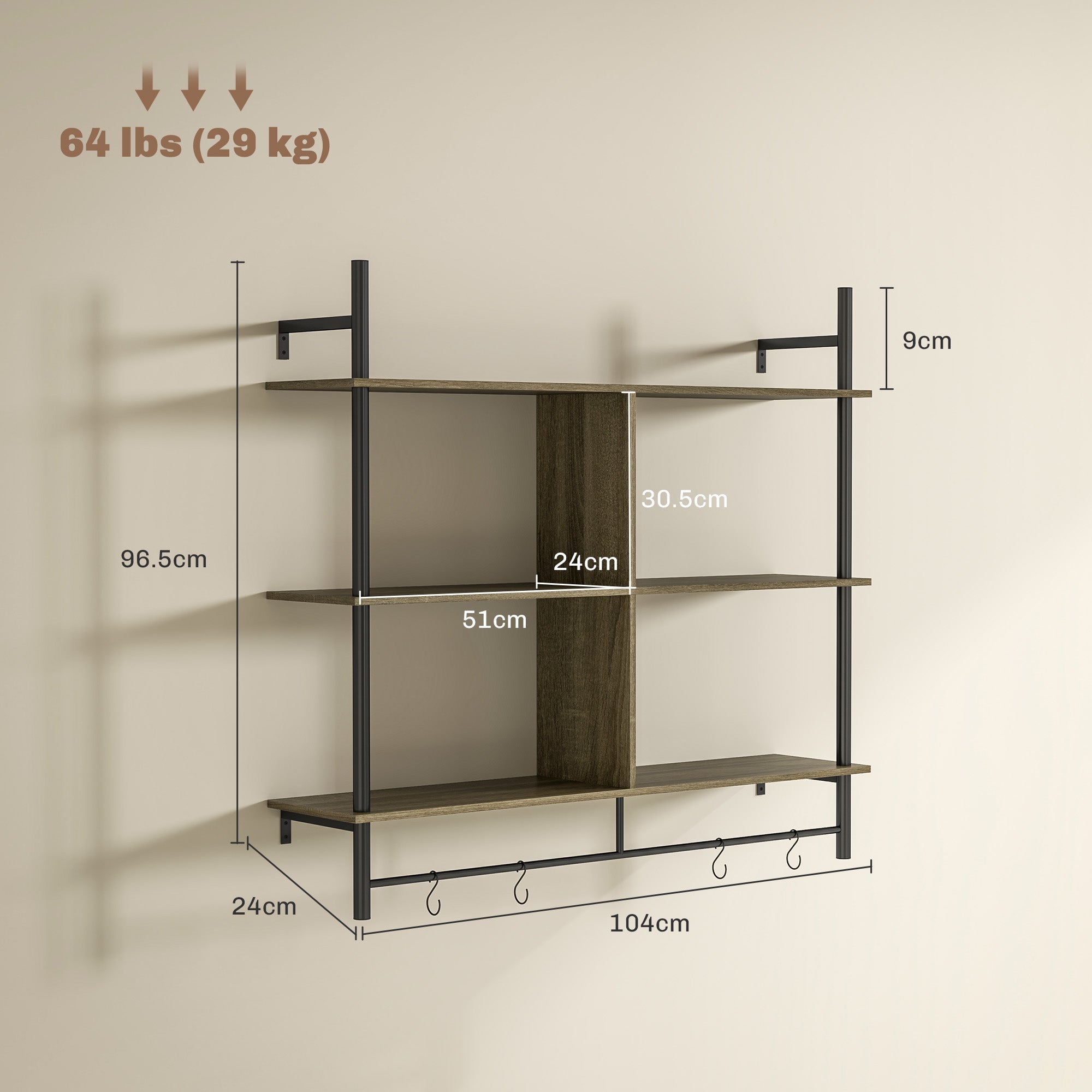 Three-Tier Floating Shelf Wall Display Storage Unit Grey Wood Effect