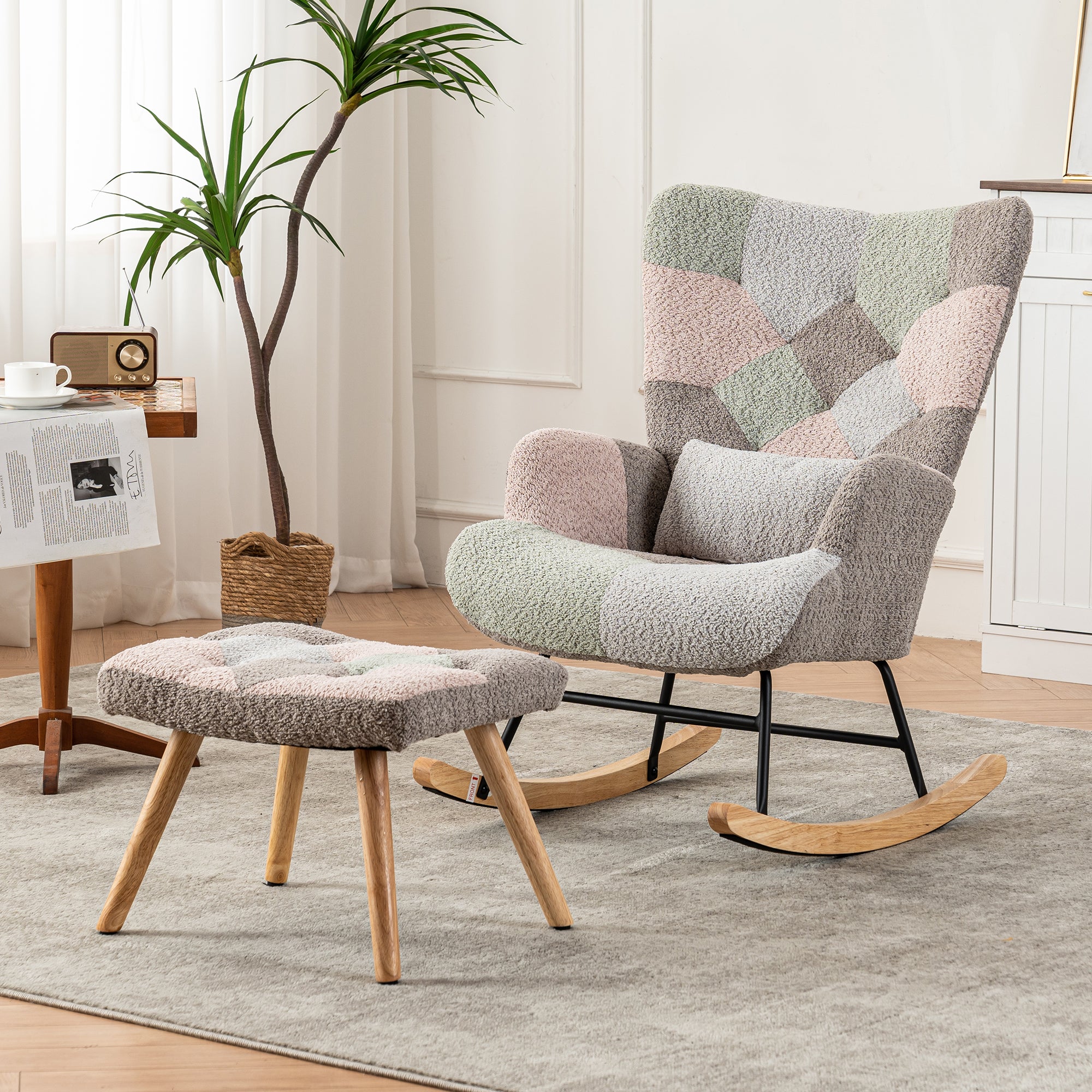 Rocking Chair with Footrest & Lumbar Cushion, Sturdy Rubberwood, Multicolored