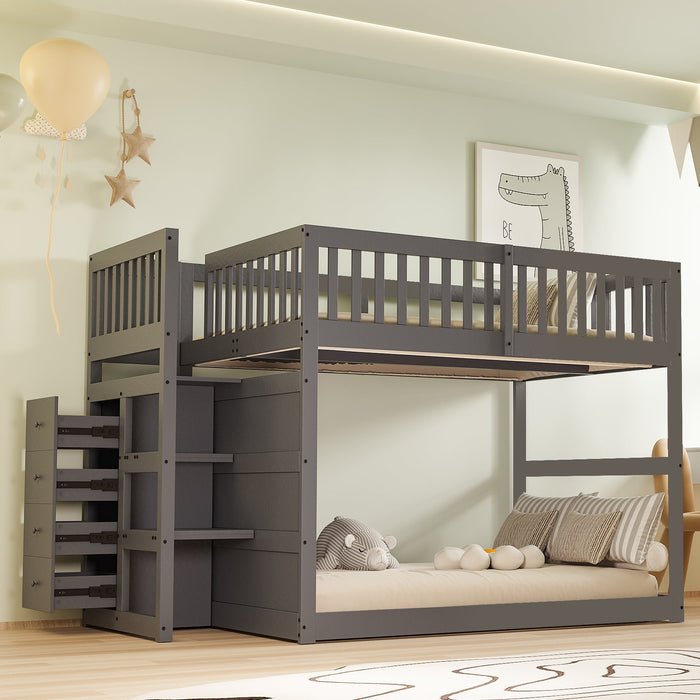 Low Bunk Bed, 140x200cm Safety with Storage, Wooden, Grey