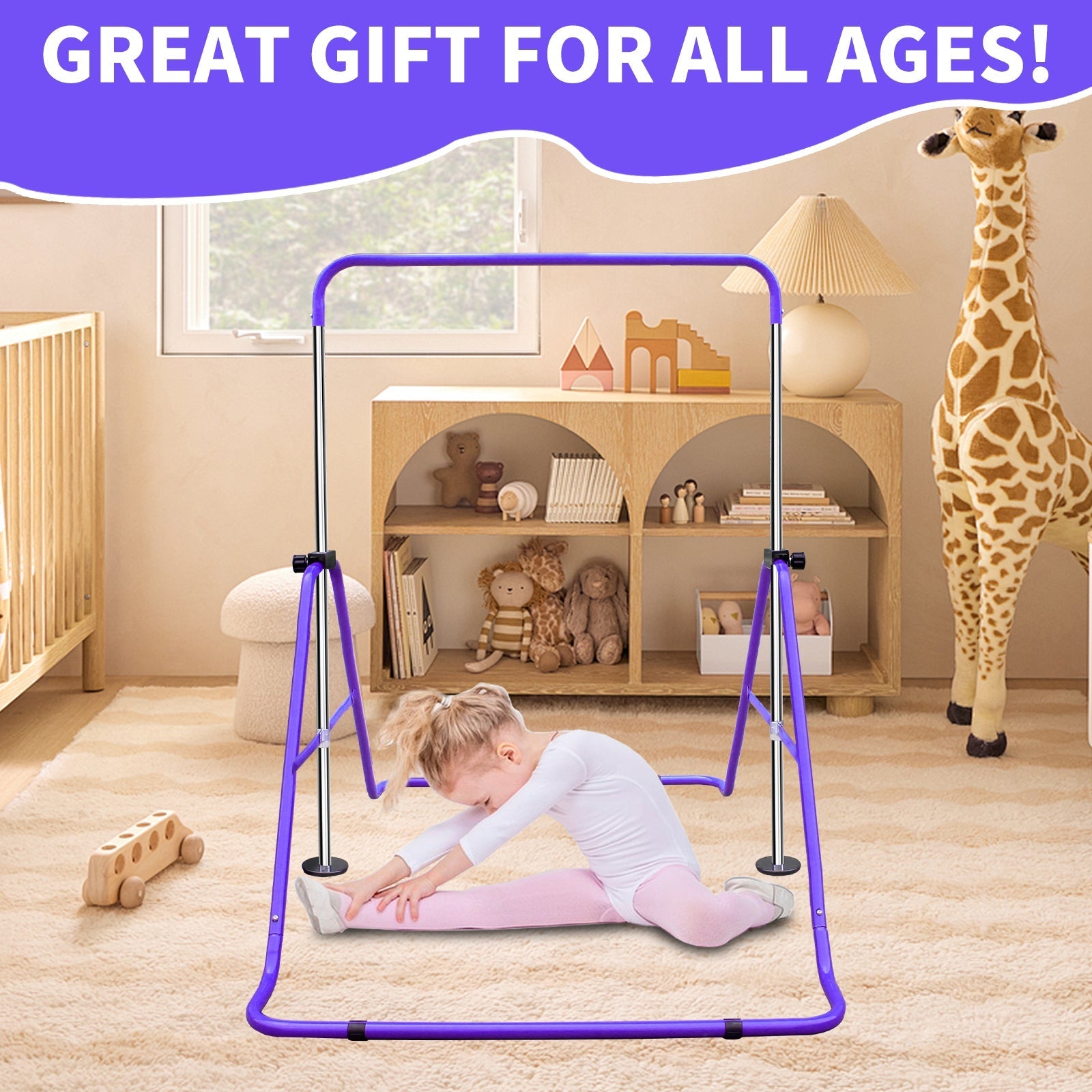 Expandable Gymnastics Bar, Height Adjustable Folding Junior Training, Purple
