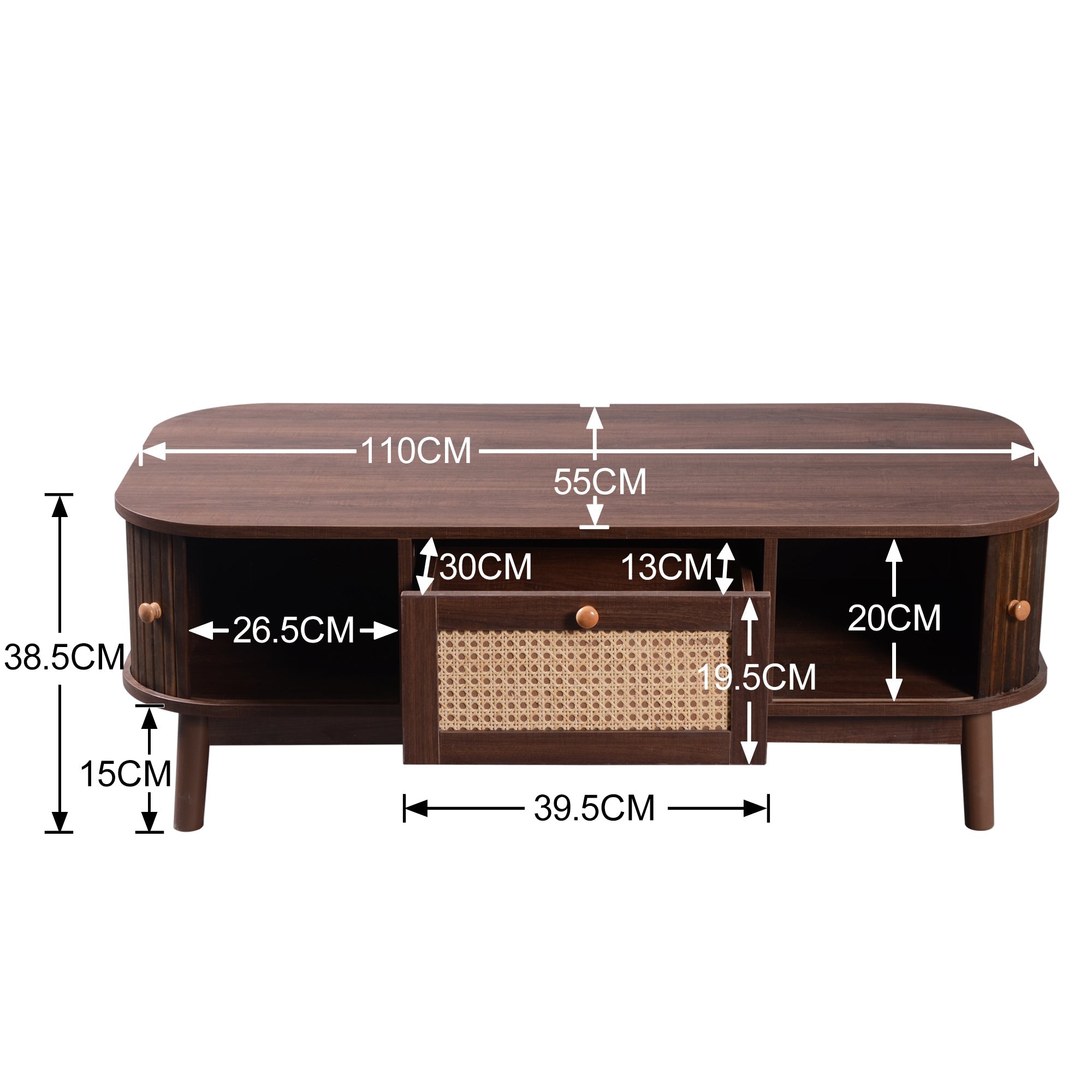 Coffee Table - Rattan, Drawers, Sliding Doors, Solid Wood, Natural Style