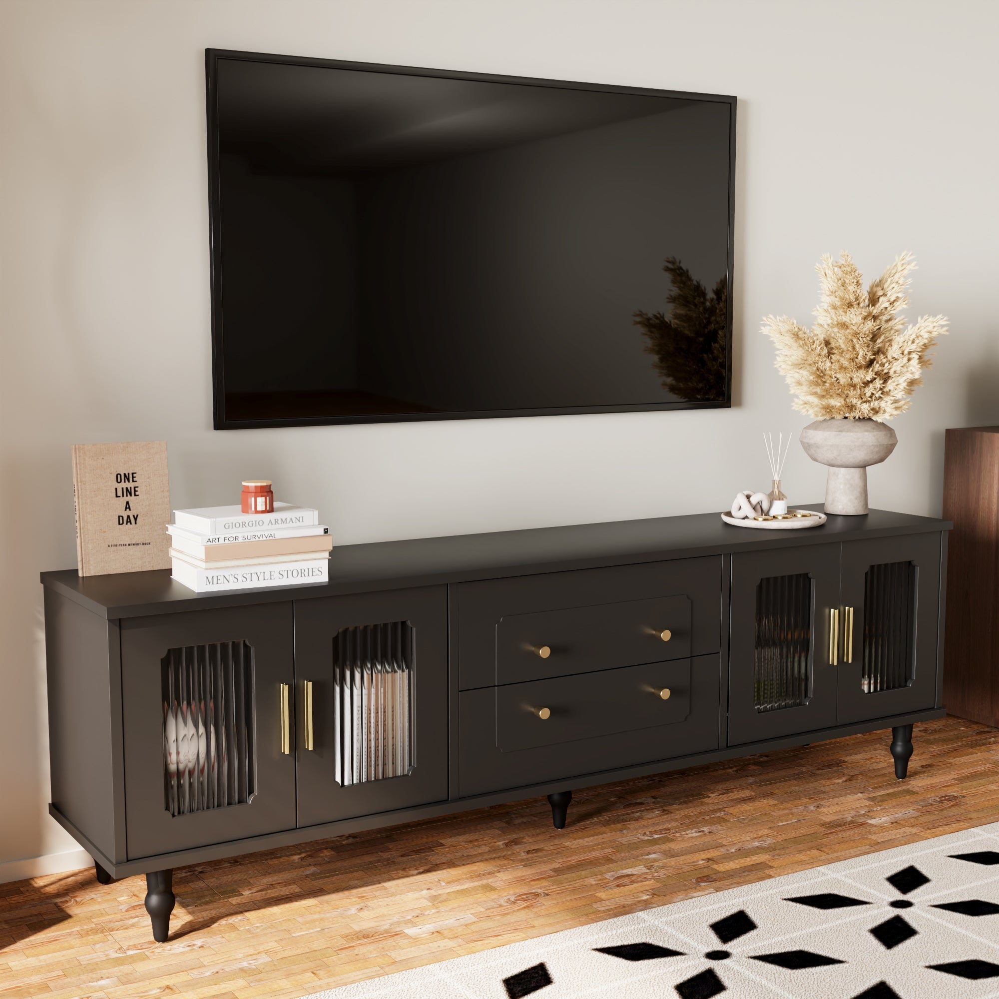 TV Cabinet, Retro Lowboard with Gold Handles, Glass Door, Solid Wood Legs