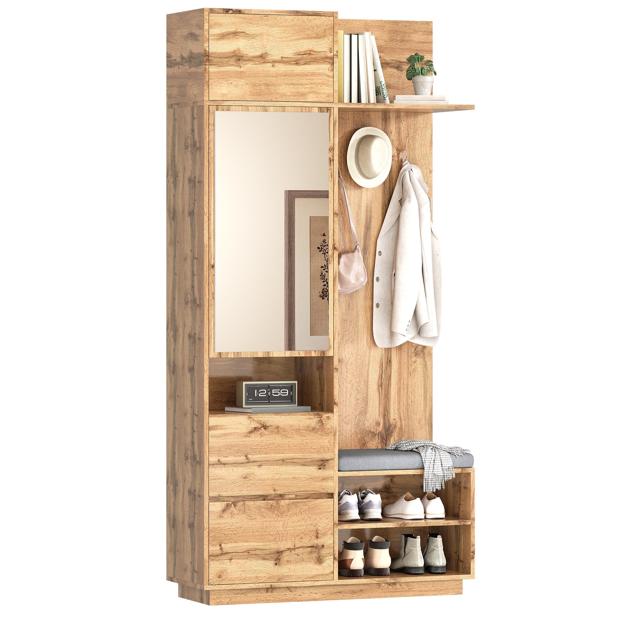 Compact Wardrobe with Mirror, Bench, Shoe Cabinet & Hooks, Natural MDF