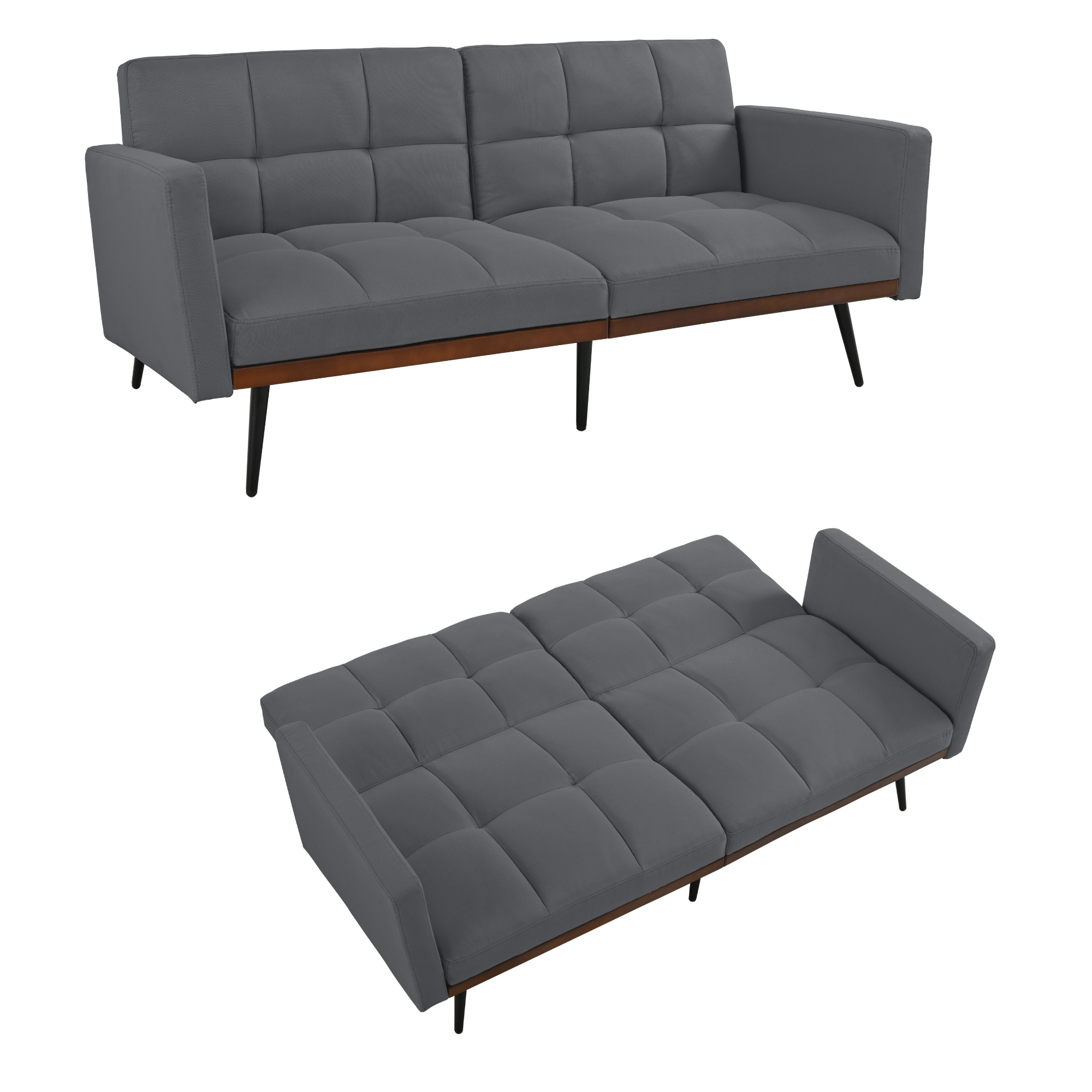 Futon Sofa Mid-Century Modern 146cm Adjustable Back Metal Legs - Linen Grey