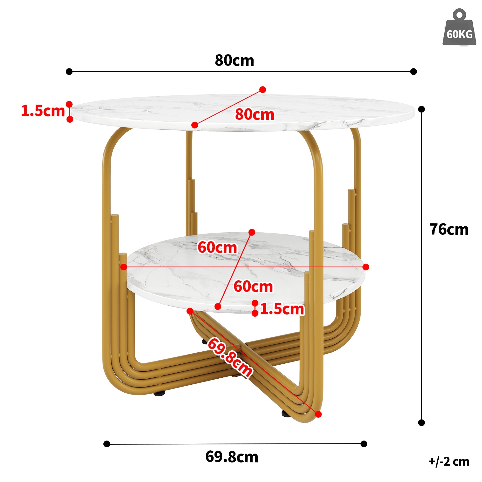 Round Dining Table 80x80x76cm 4-Person Storage Shelf MDF Marble Top