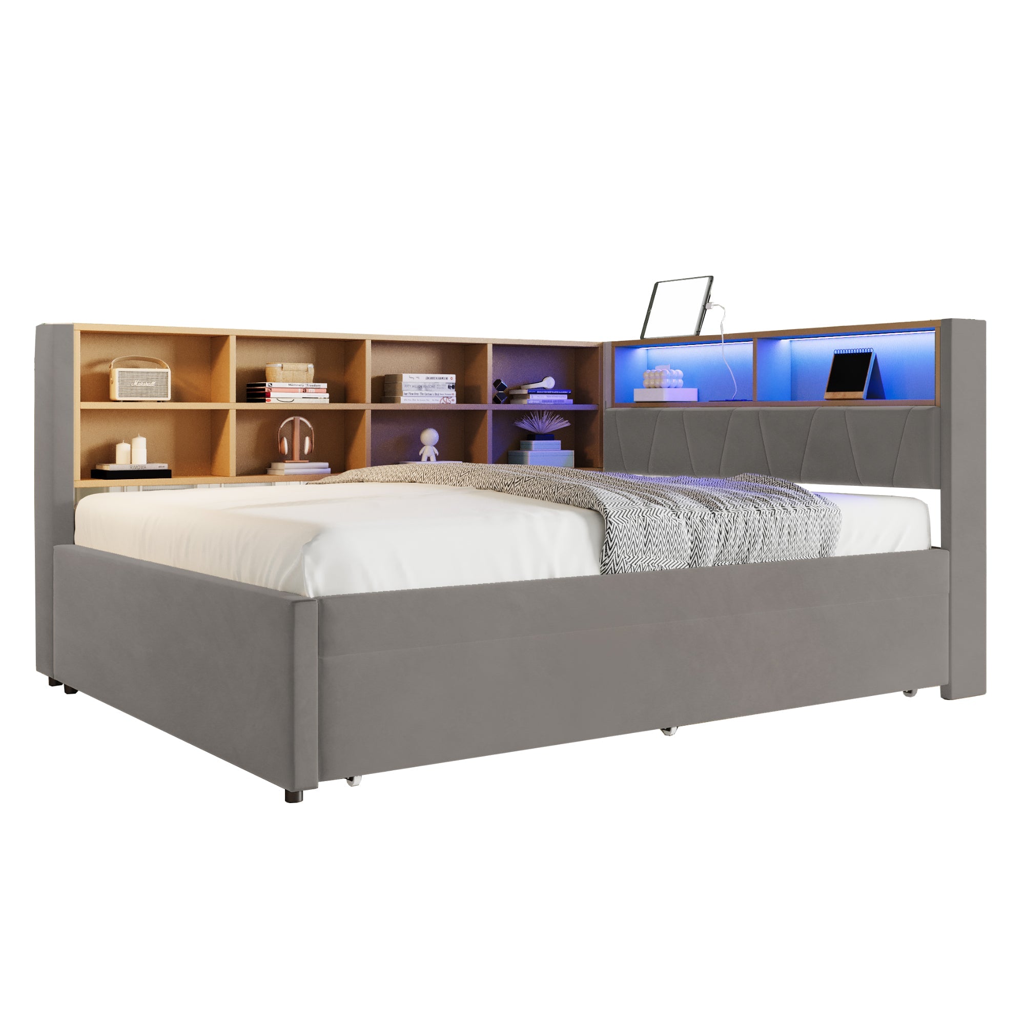 Sofa Bed 140x200 Pull-out LED Storage, Flannel Dark Gray