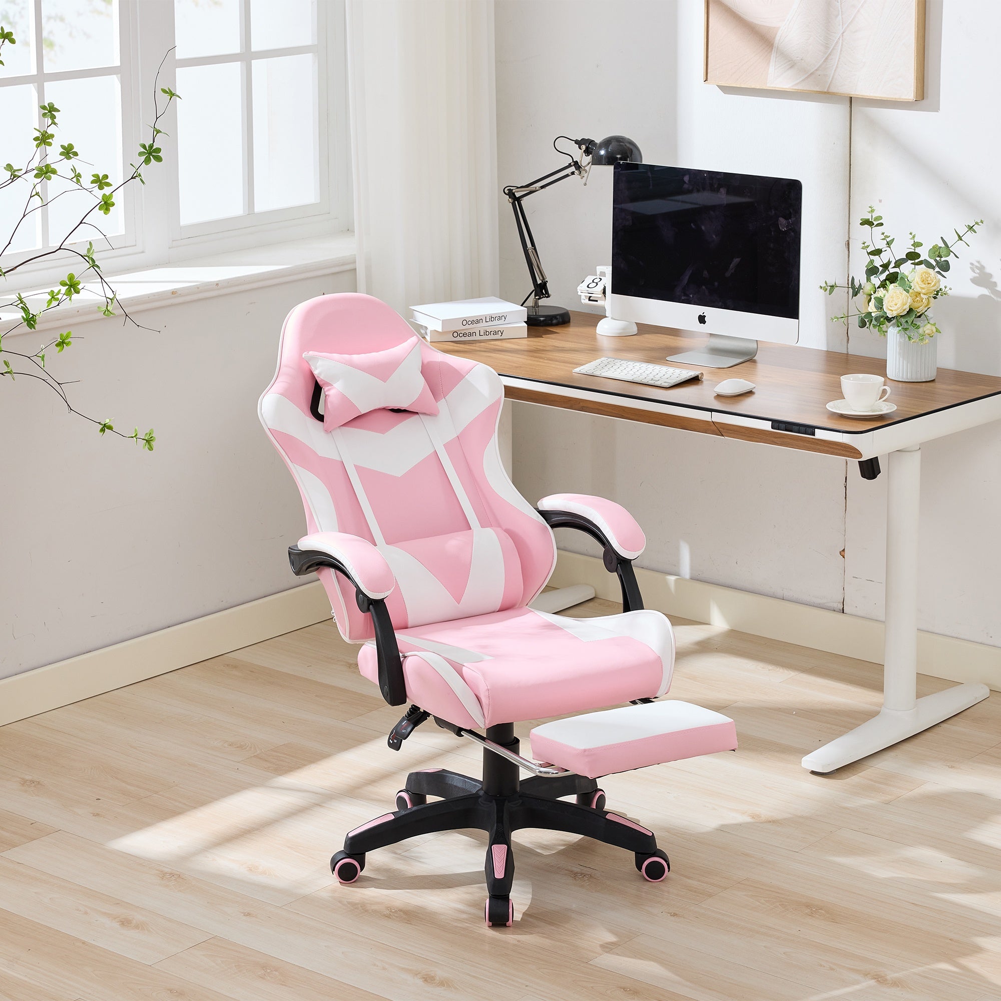 Gaming Chair Ergonomic Racing High-Back Swivel with Footrest & Lumbar Support Leather White & Pink