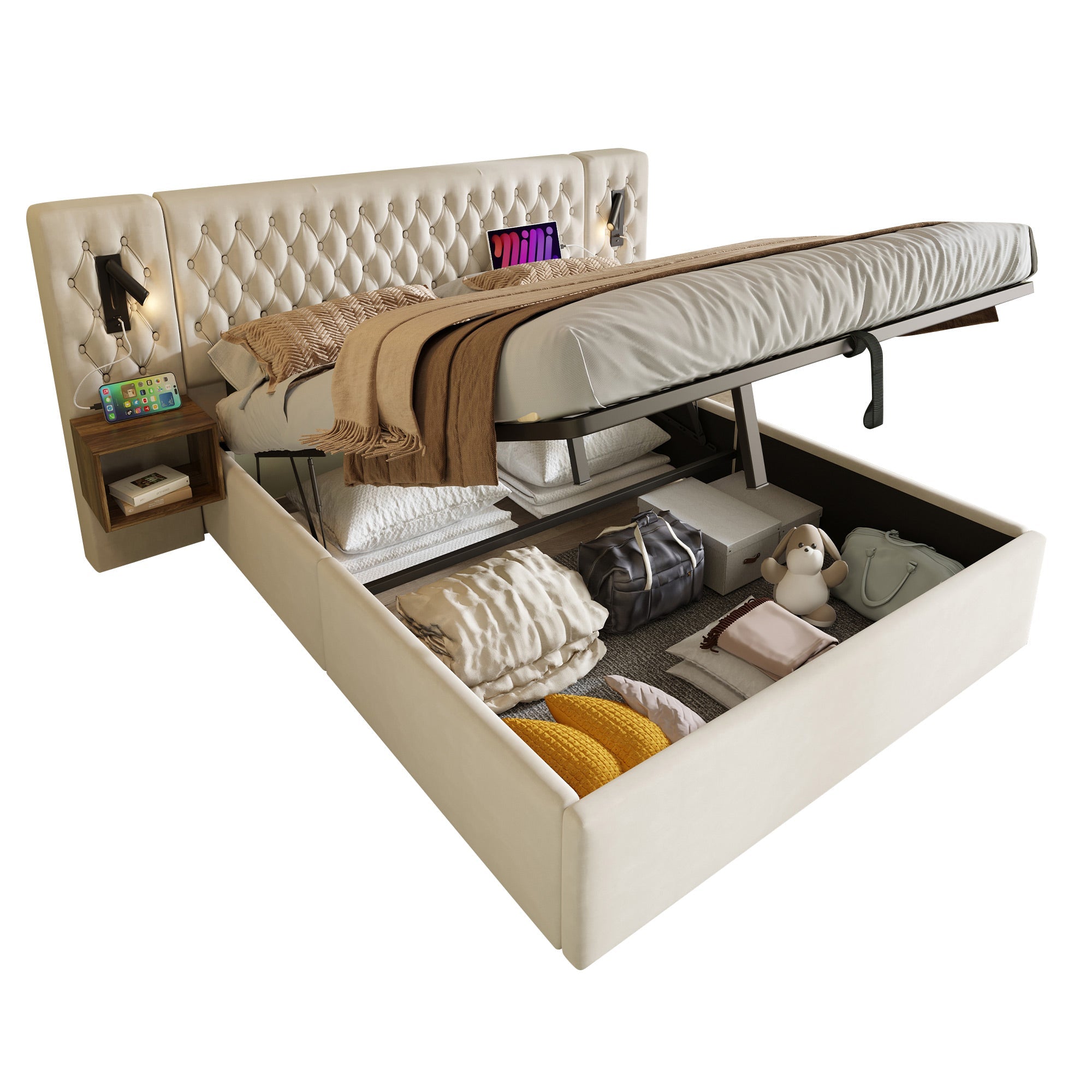 Bedroom Complete Set, Upholstered Hydraulic Storage Bed 160×200 cm, 2 Bedside Tables, Headboard Reading Light with USB Charging, Beige Velvet