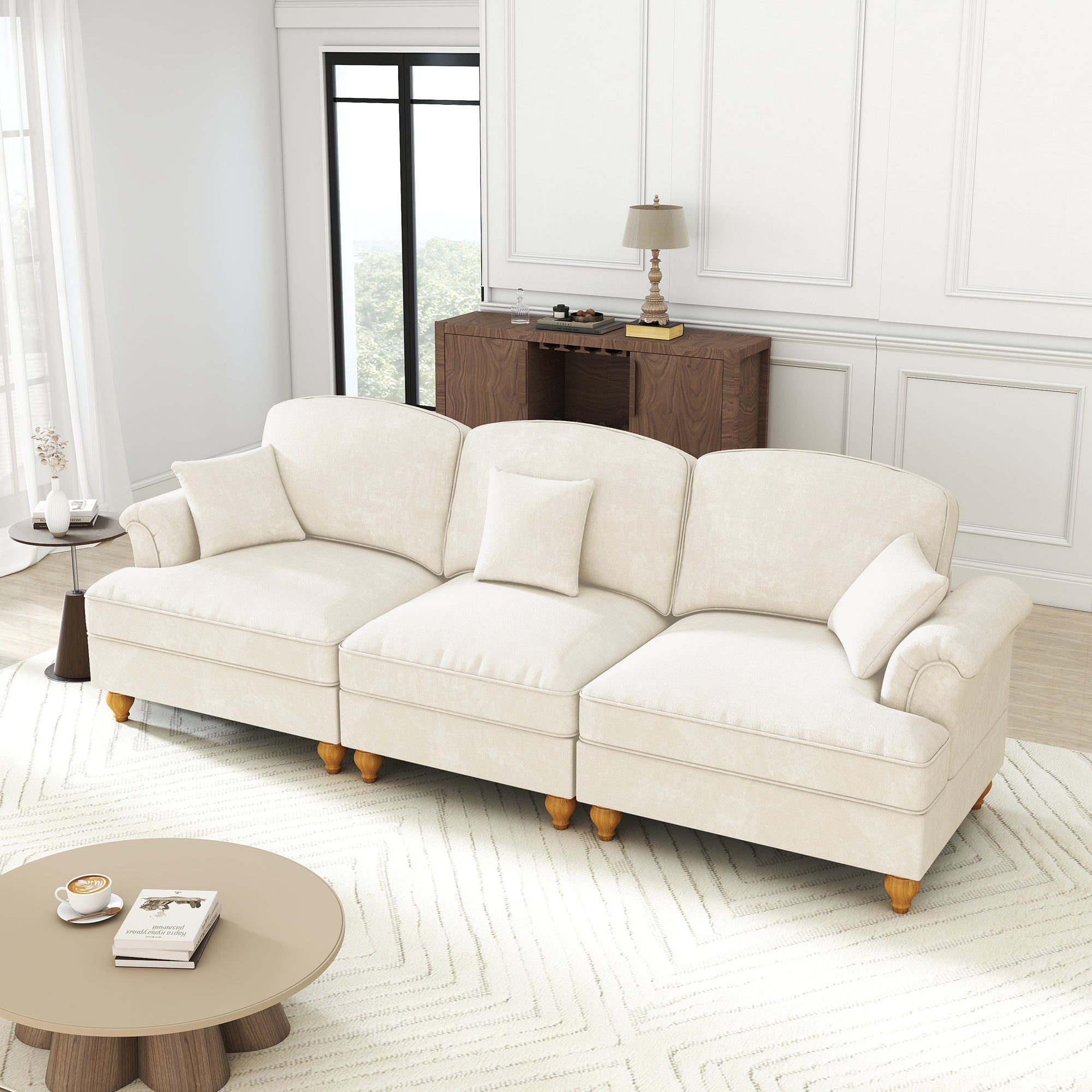 Mid-Century Sofa 3-Seater Funnel Armrests Ruffled Apron Chenille White