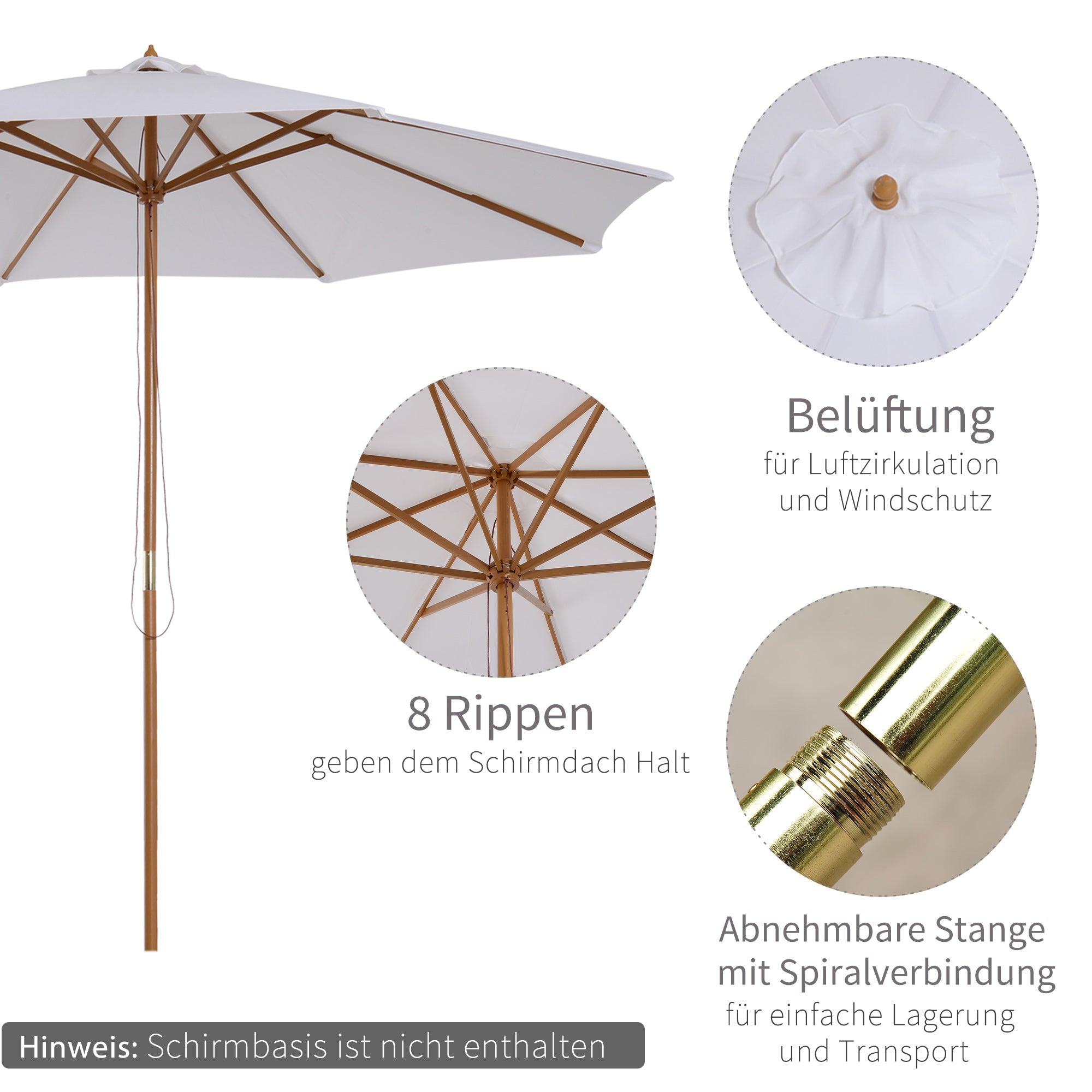 Wooden Parasol 300 cm Garden Balcony Bamboo Cream White