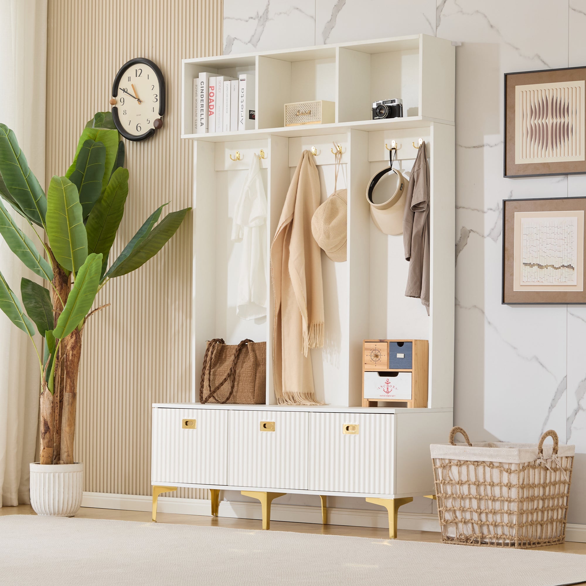 Wardrobe Set with Bench, Multifunctional Storage, 6 Hooks, White