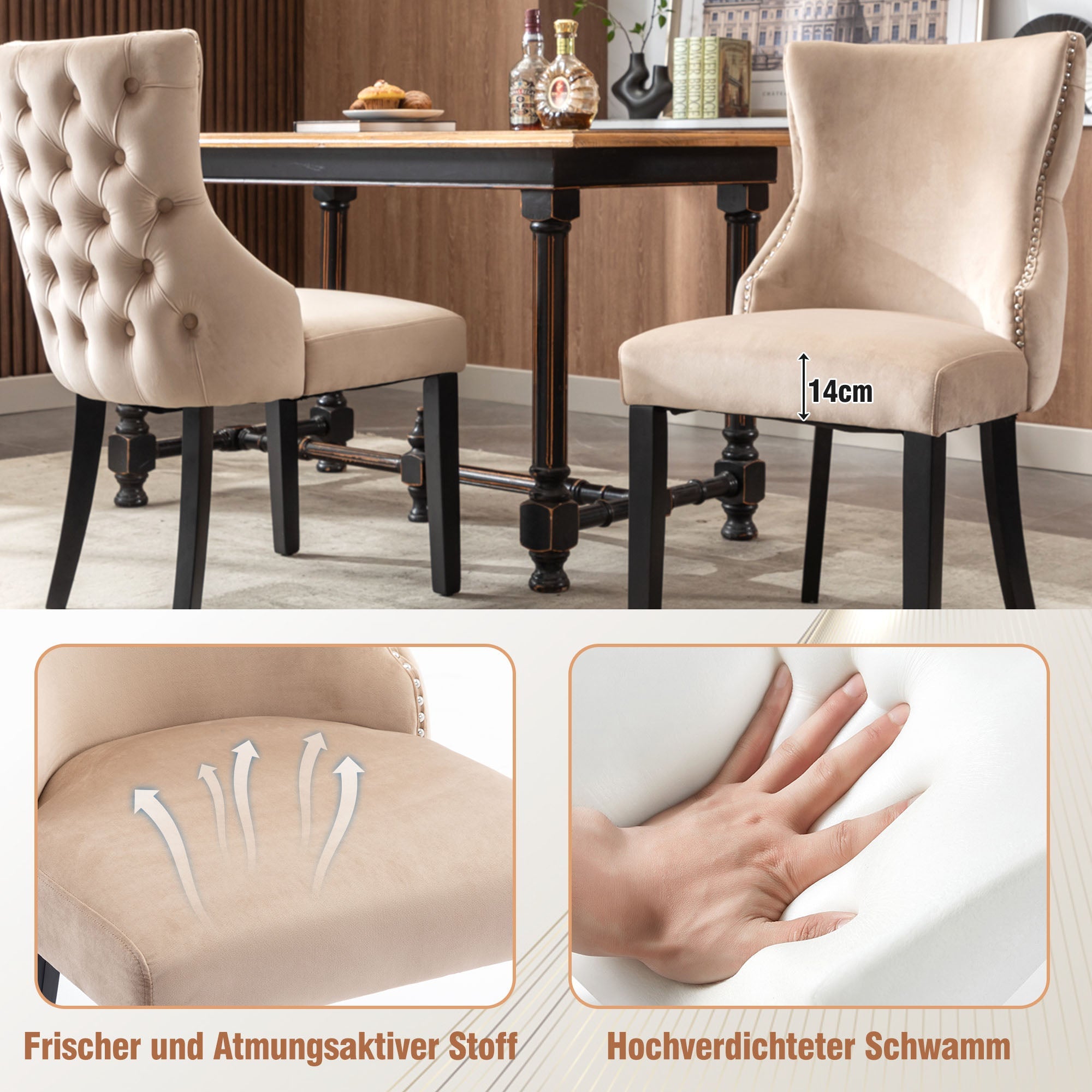 Dining Chair - Button Tufting, Solid Wood Frame - Beige Velvet (Set of 6)