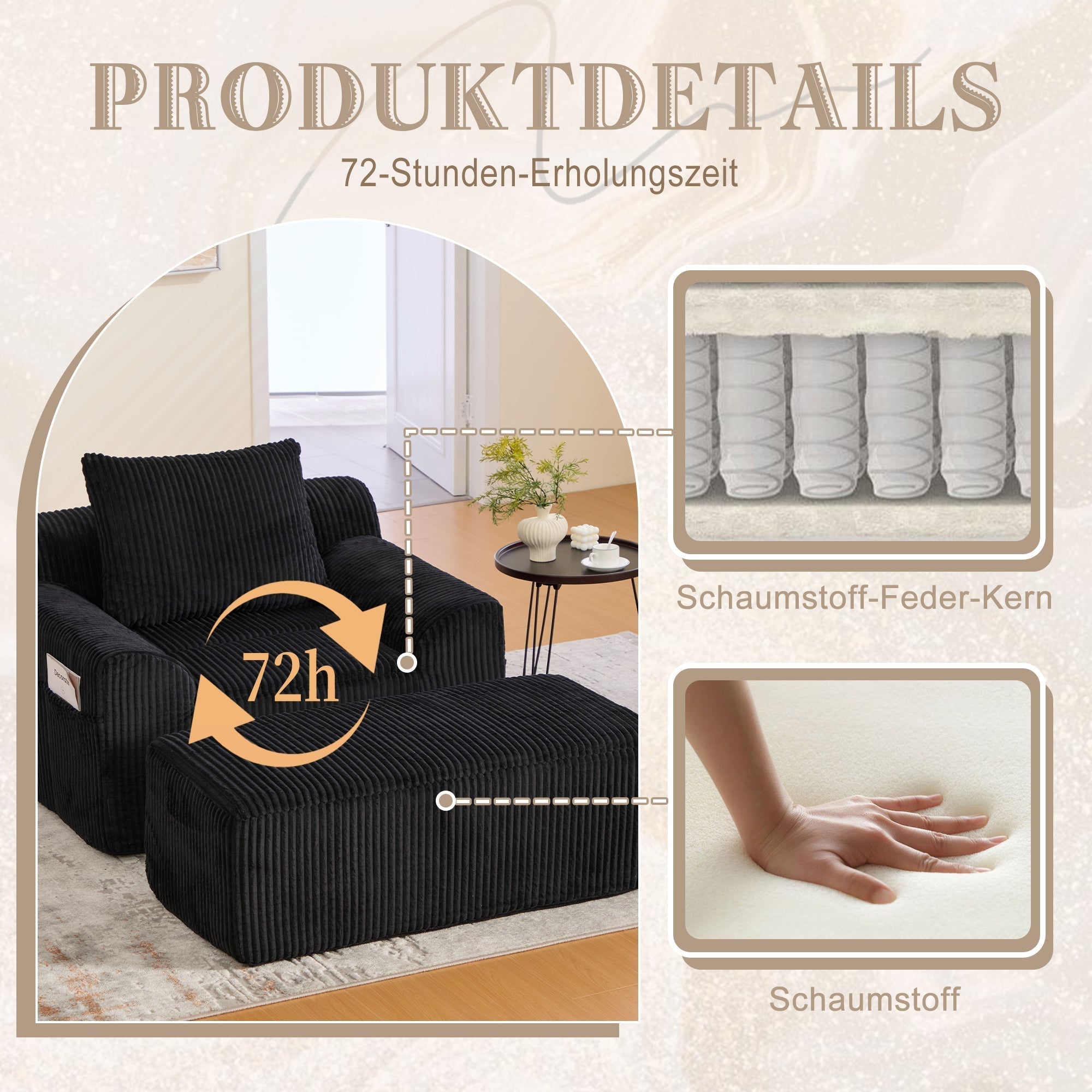 Oversized Sofa Chair, Deep Seat Boneless Upholstered with Side Pockets, Corduroy