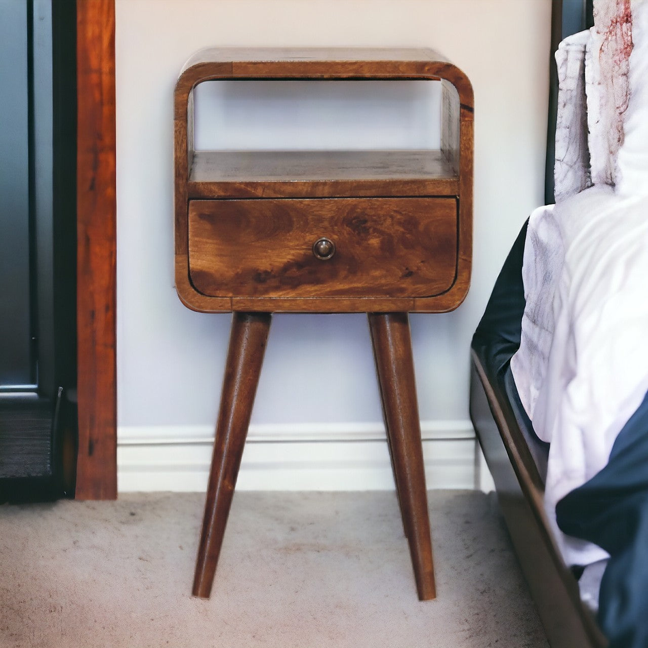 Solid Wood Mini Chestnut Curve Open Bedside with 1 Drawer and Open Shelf, Dark Brown