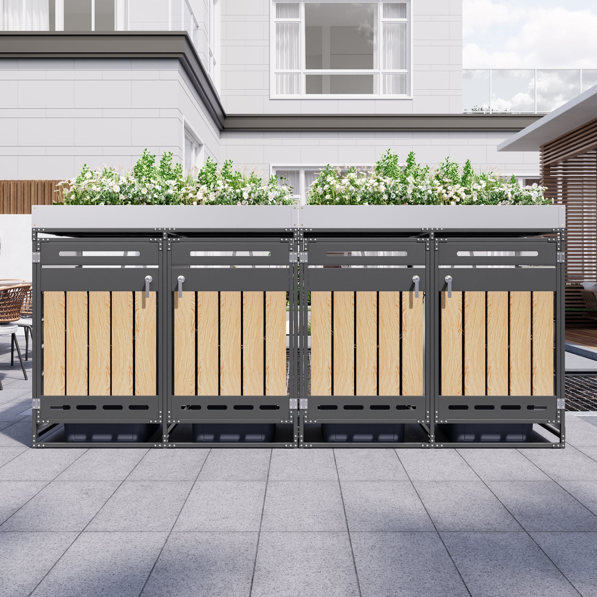 Set of 4 Bin Storage Units with Planter Boxes and Locking Garden Cabinet, Iron with Vertical Wood Grain Panels