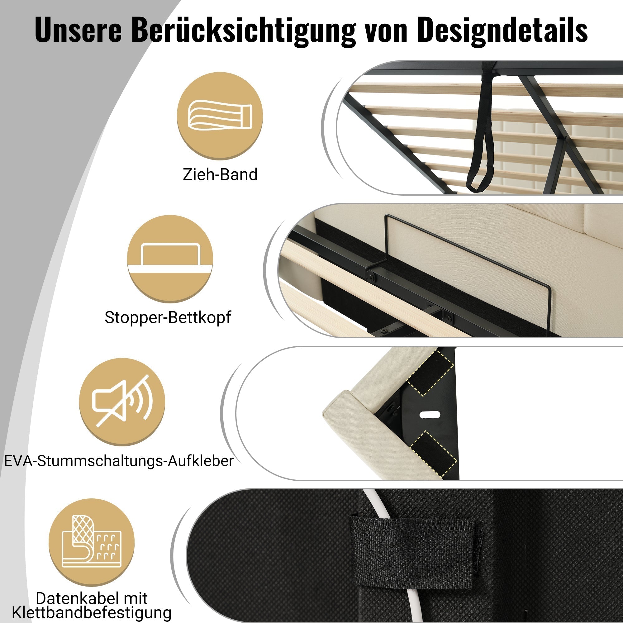 Upholstered Bed 160x200 Storage LED USB-C Slatted Base, Linen Beige