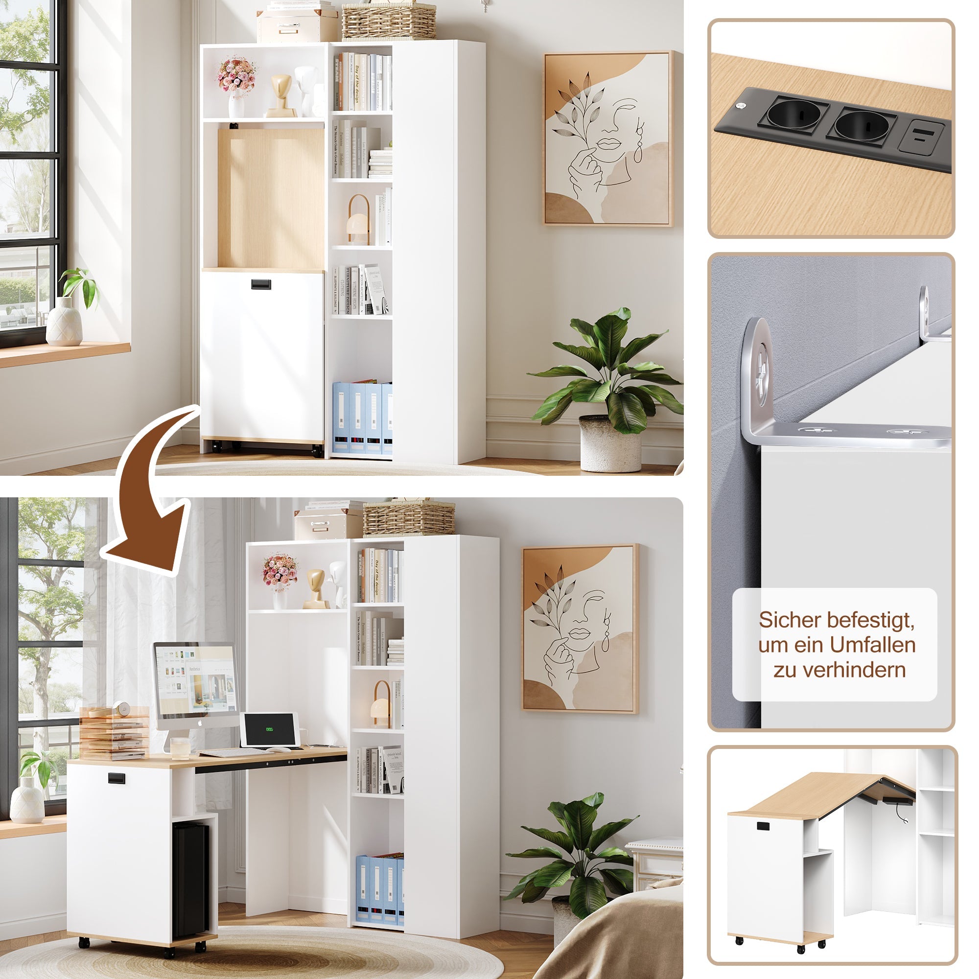 Folding Desk with Shelves, 2-in-1 Bookshelf, USB, Adjustable, White