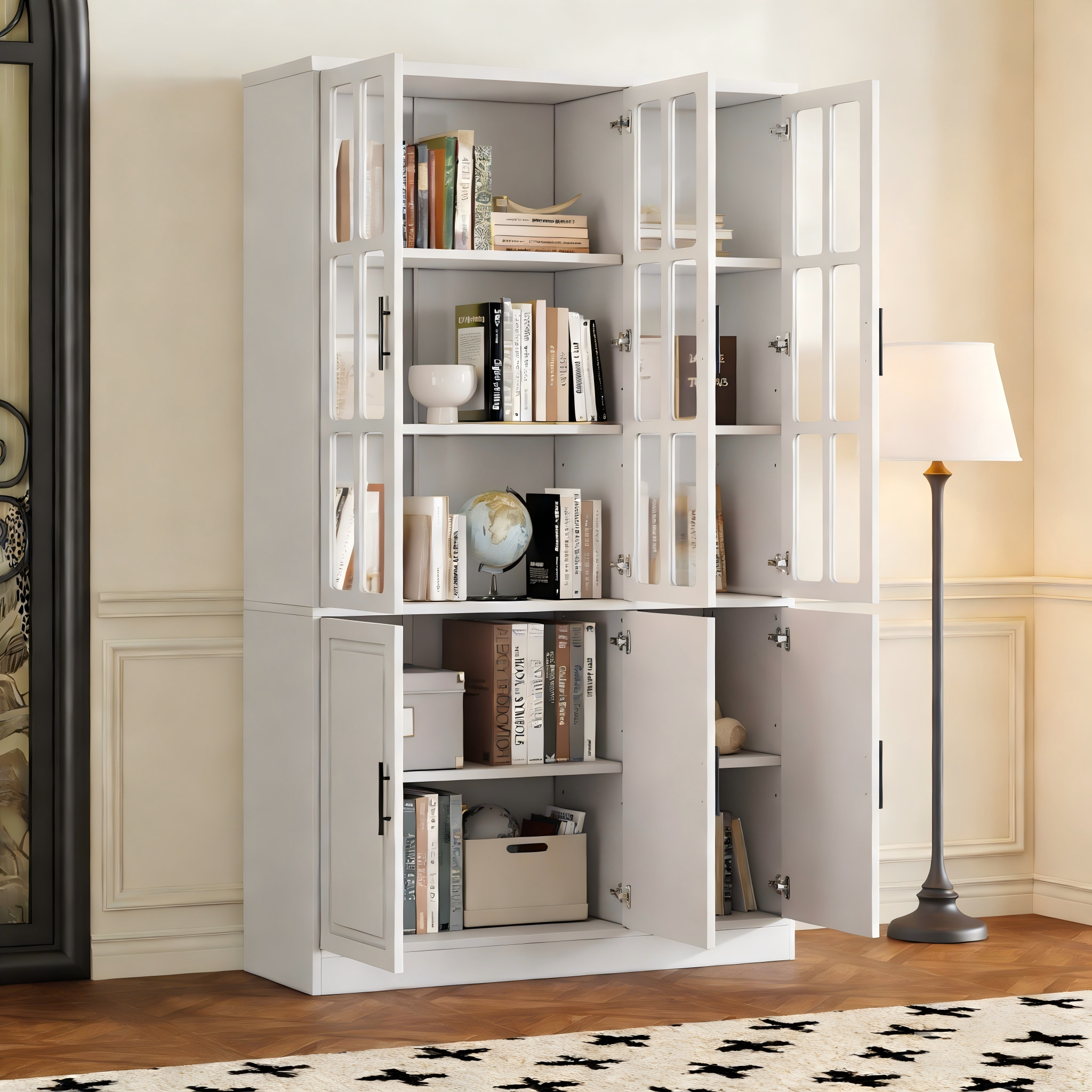 Standing Display Cabinet with 6 Doors and LED Lighting, White