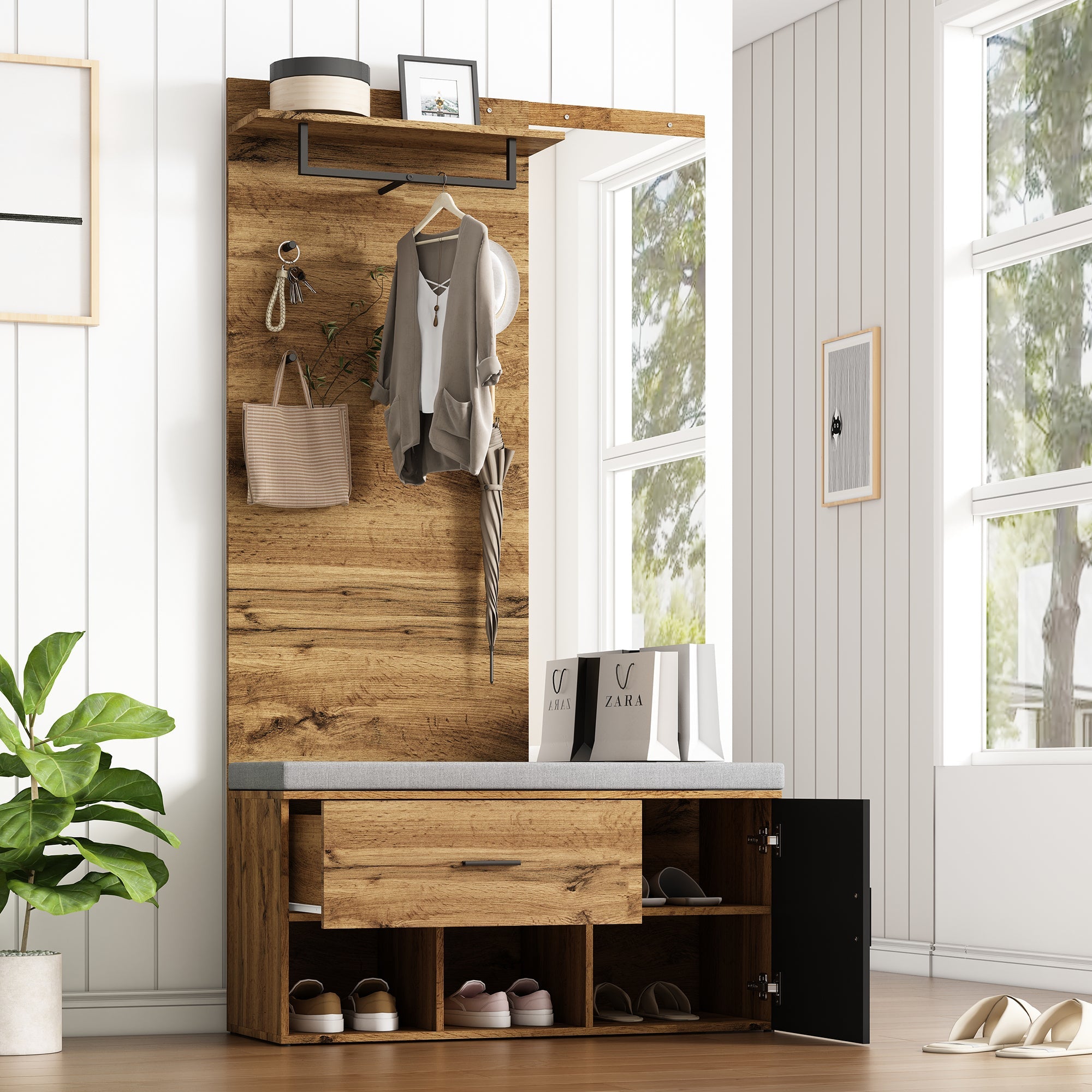Wardrobe Set with Mirror, Shoe Bench, & Storage - 190 cm High, Wood Look