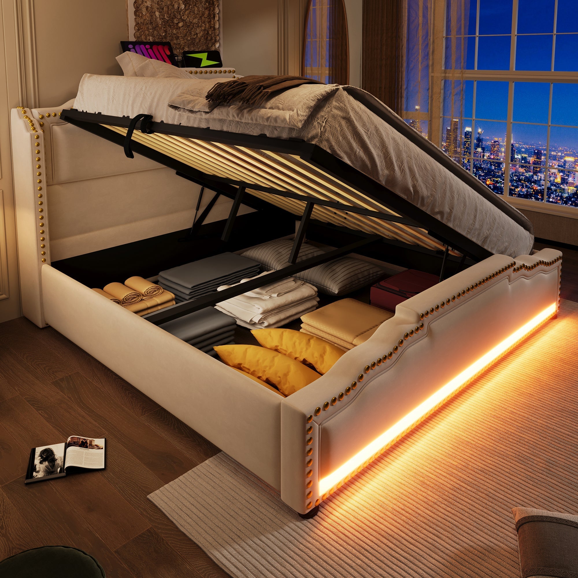 Upholstered Bed 160x200, Hydraulic Storage, LED, USB-C, Velvet Beige
