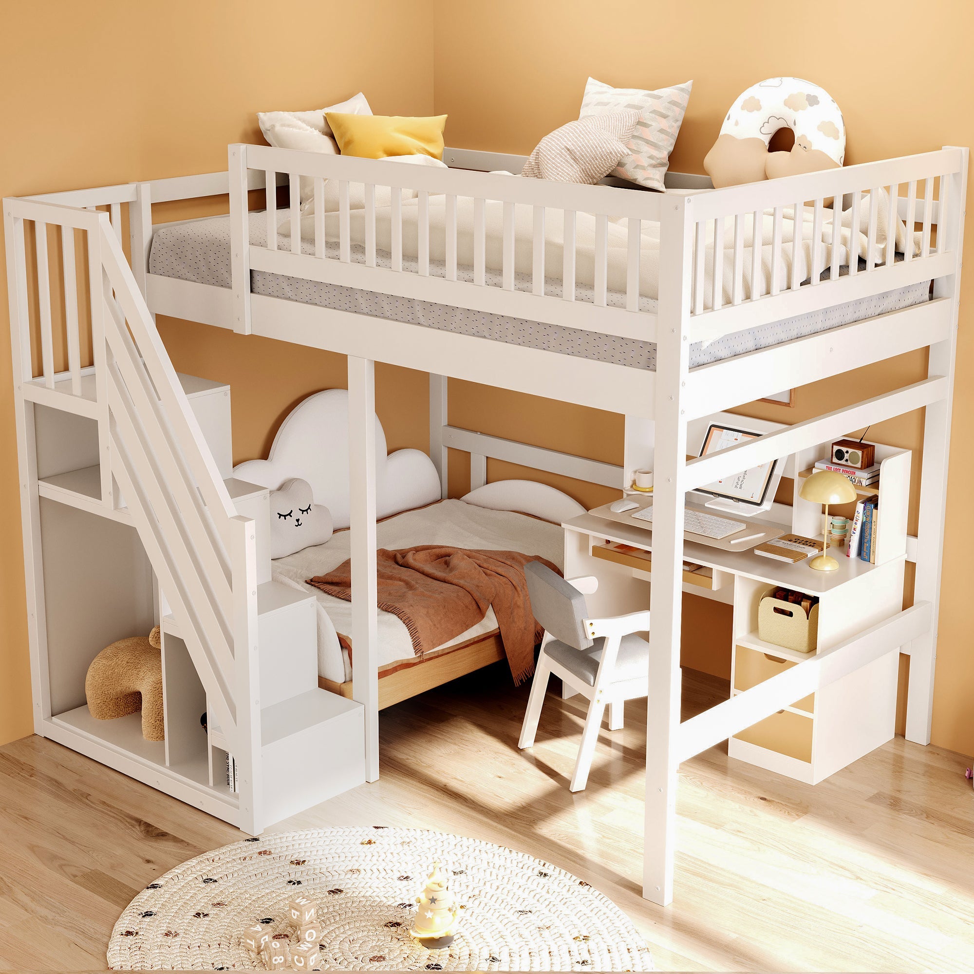Solid Wood Bed, 140x200 with Stairs & Storage, High Railing, White